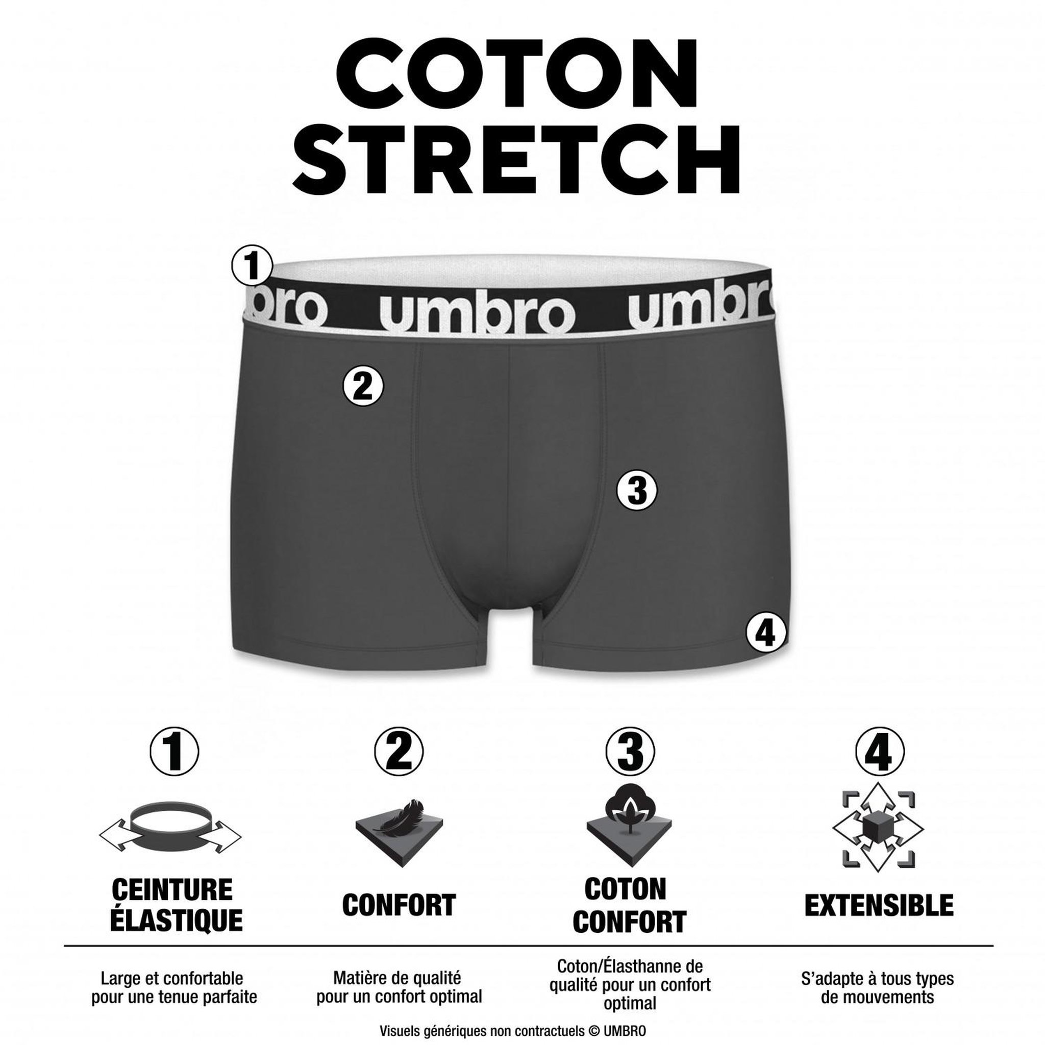 Voir la diapositive 2 : UMBRO Lot de 4 boxers coton homme uni ceinture colorées