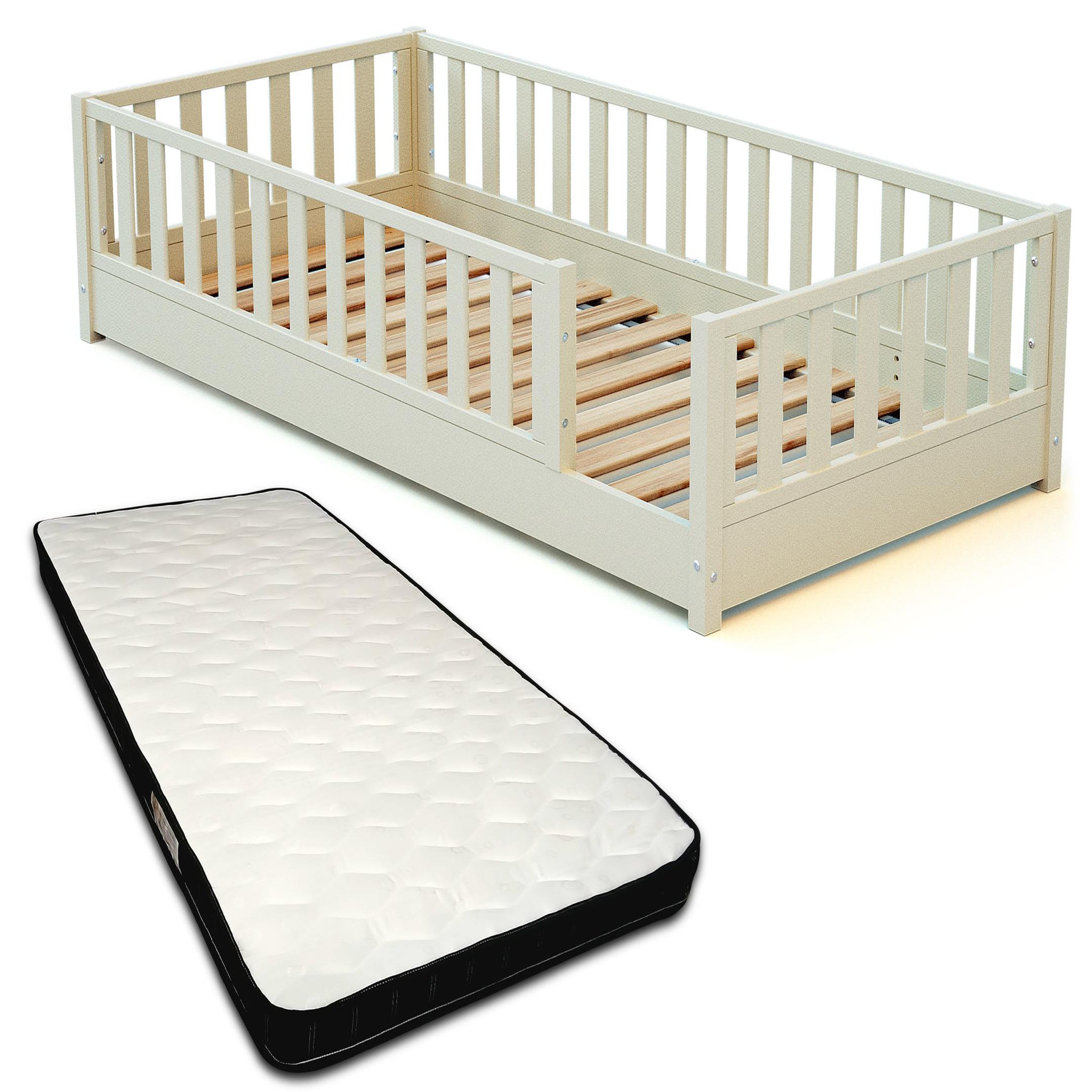 Voir la diapositive 1 : JURABABY Lit au sol enfant en bois SONHO avec matelas - 90x190