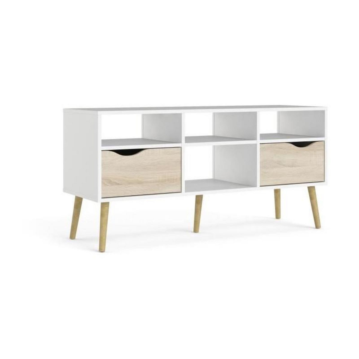 TVILUM Meuble TV - 4 niches 2 tiroirs - Blanc / Chene - 117,2 x 39,1 x 57,4 cm - TVILUM