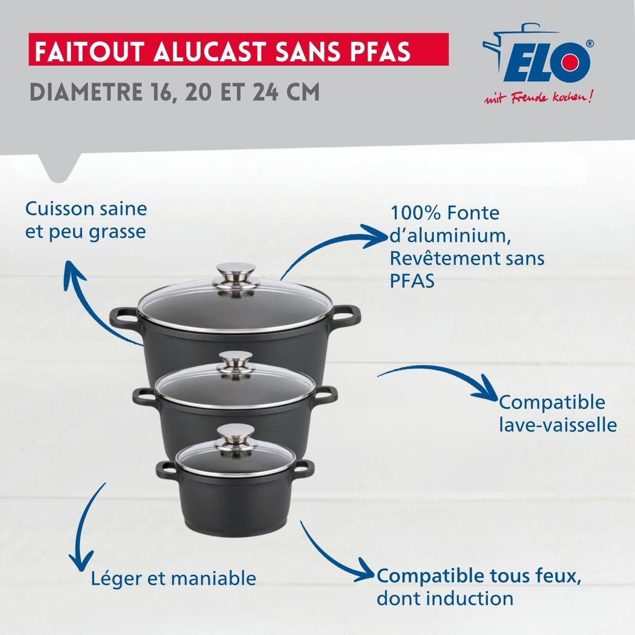 Voir la diapositive 3 : ELO Set de 3 faitouts 16 cm 20 cm et 24 cm sans pfas avec couvercles en verre elo alucast