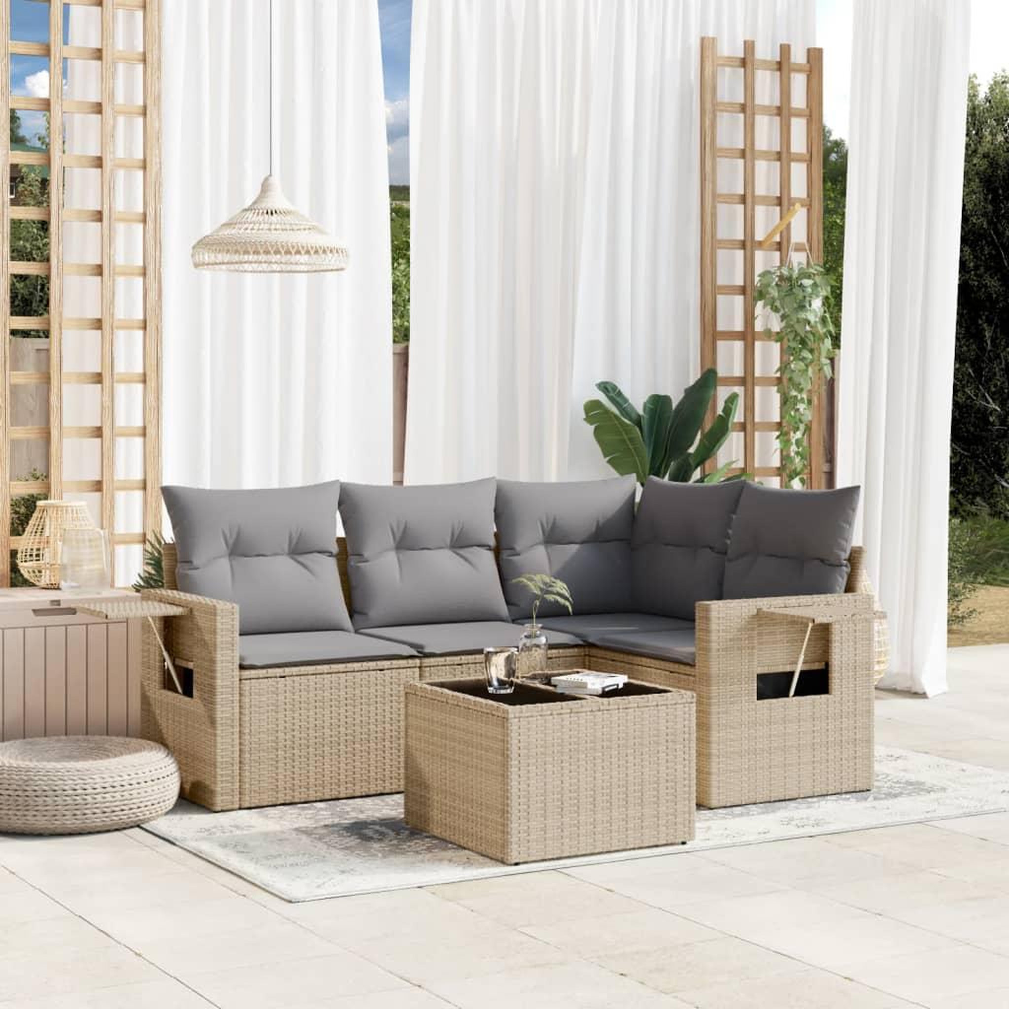 VIDAXL Salon de jardin avec coussins 5 pcs beige resine tressee