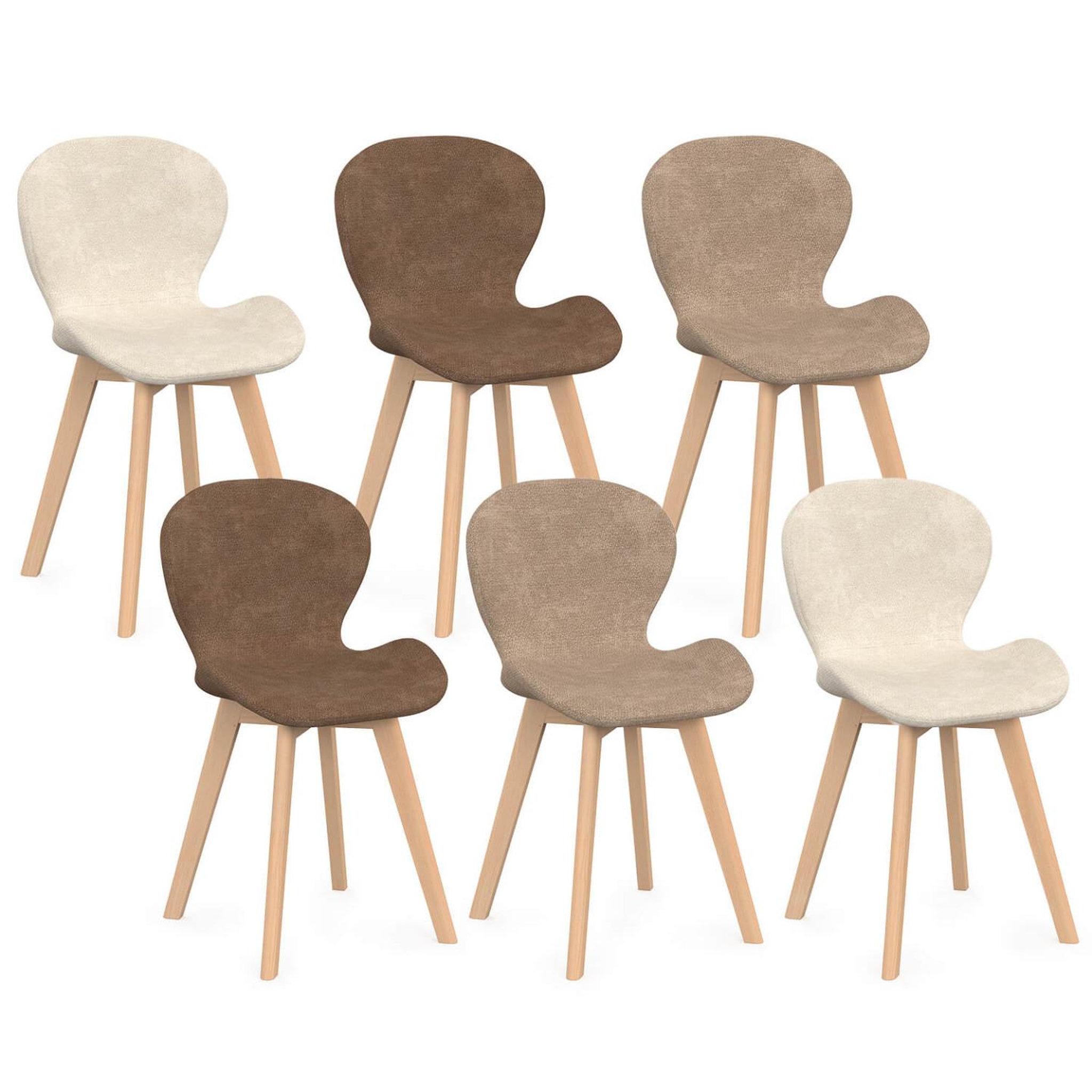 ID MARKET Lot de 6 chaises robine en tissu chenille mix color taupe x2, beige x2, marron x2