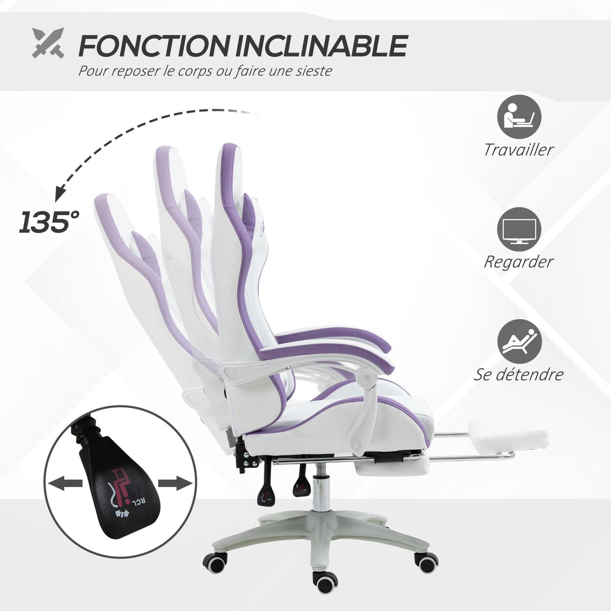 Voir la diapositive 5 : VINSETTO Chaise de bureau gaming - inclinable, pivotant, réglable - coussins lombaires têtière inclus - mauve blanc