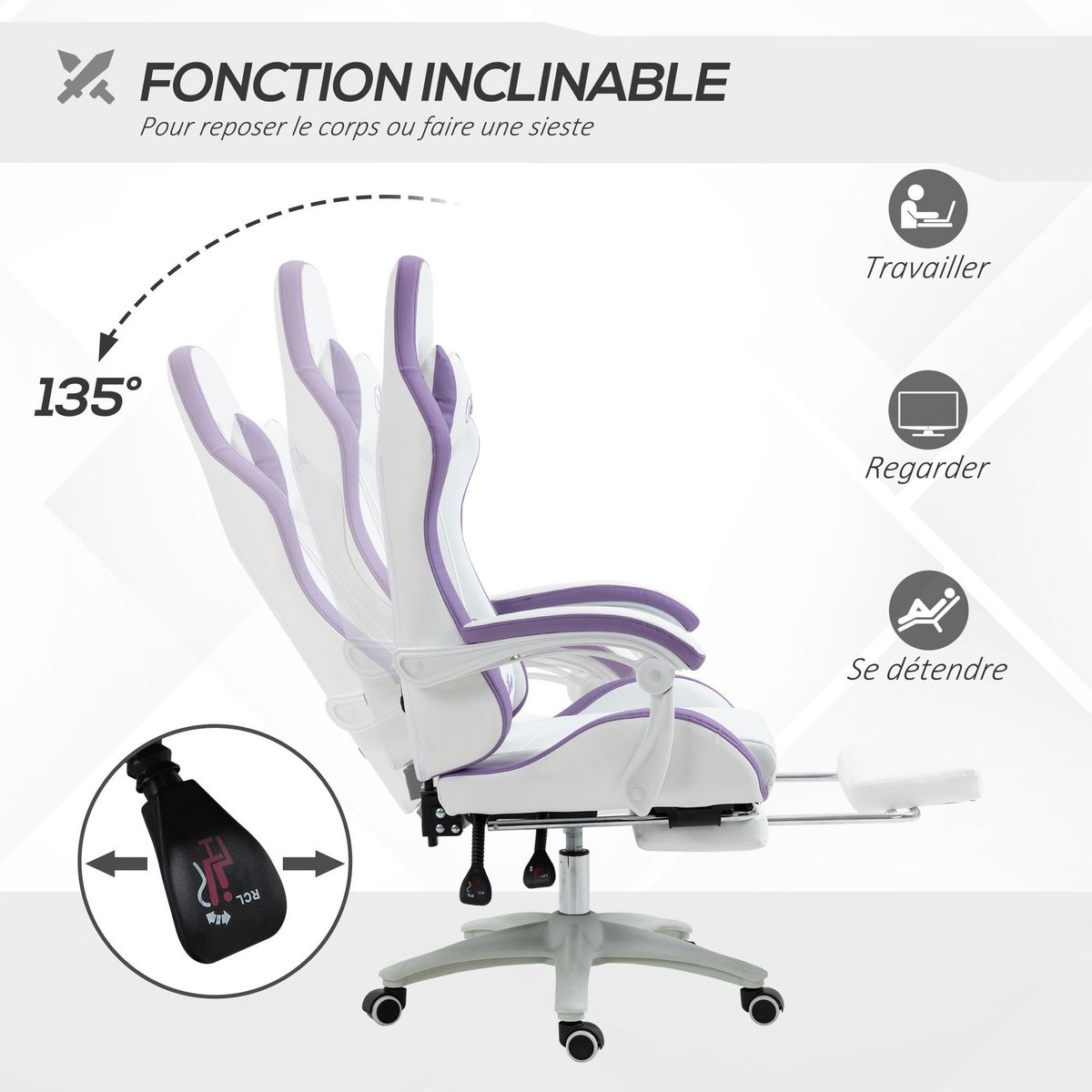 VINSETTO Chaise de bureau gaming - inclinable, pivotant, réglable - coussins lombaires têtière inclus - mauve blanc