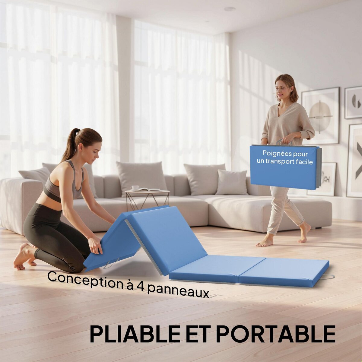 HOMCOM Tapis de gym yoga fitness pliable - poignée - revêtement synthétique - bleu