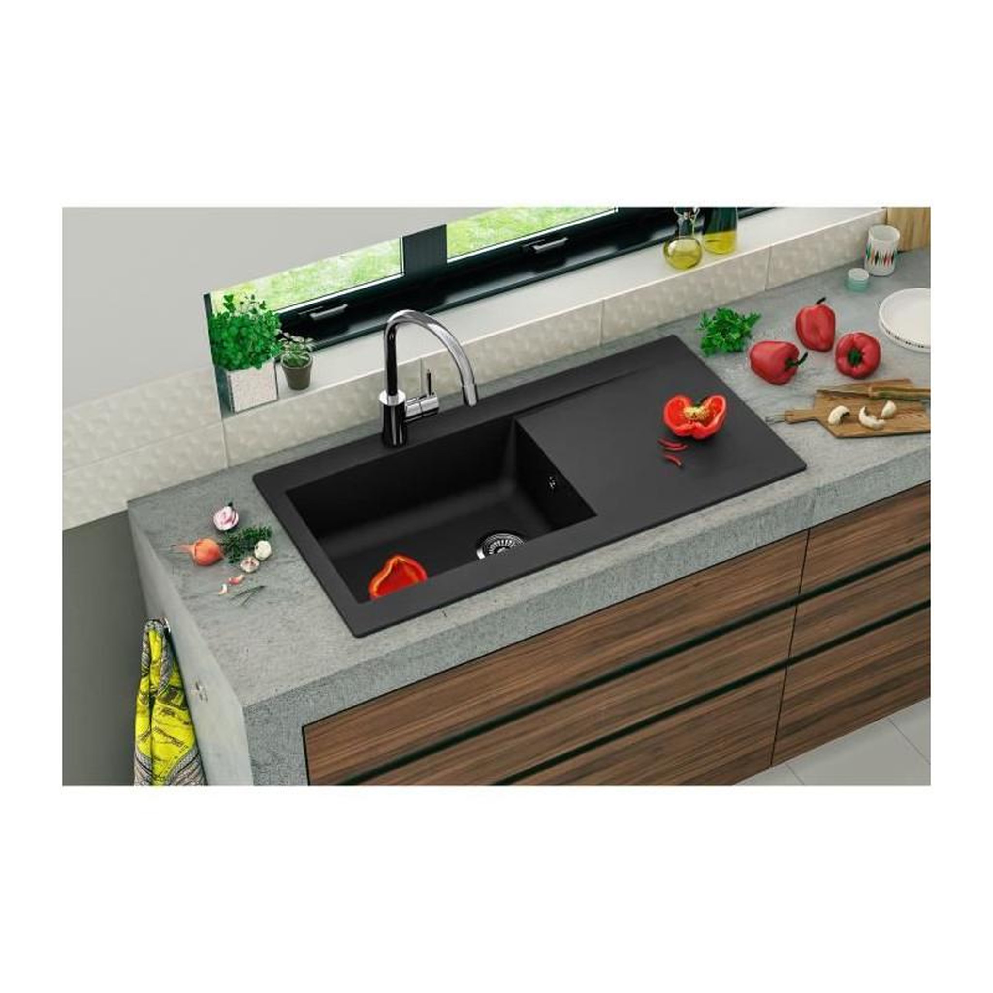 Voir la diapositive 2 : STRADOUR STRADOUR Evier a encastrer resine Lierra 1000x500mm 1 grande cuve  - Noir - Fabrication francaise