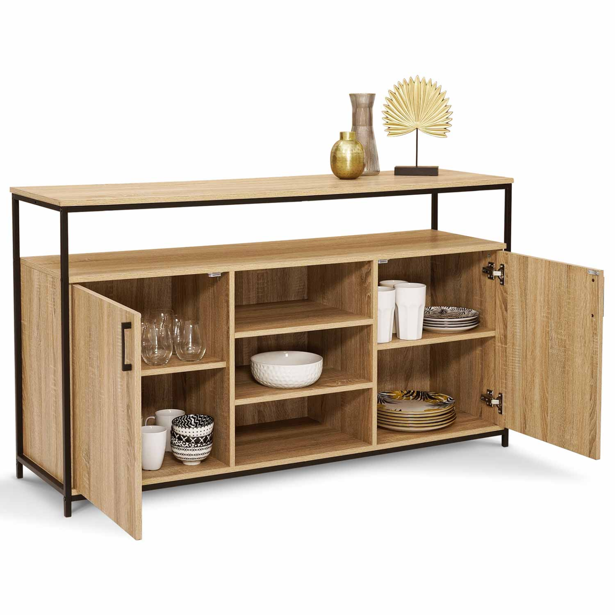 Voir la diapositive 4 : ID MARKET Buffet 140 cm detroit 2 portes et 3 étagères design industriel