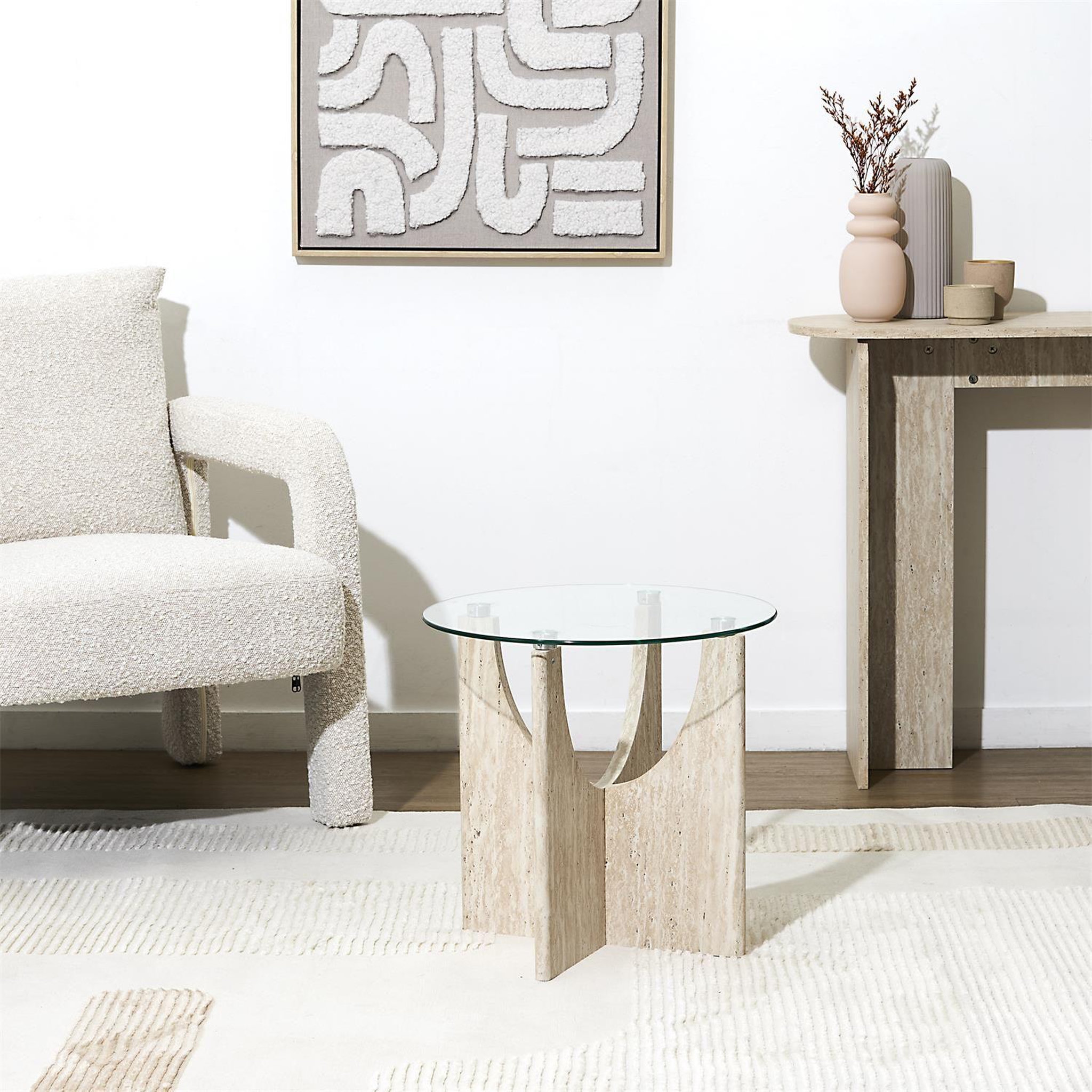 Voir la diapositive 3 : The Home Deco Factory Table d'appoint ronde effet travertin et verre pietra - beige
