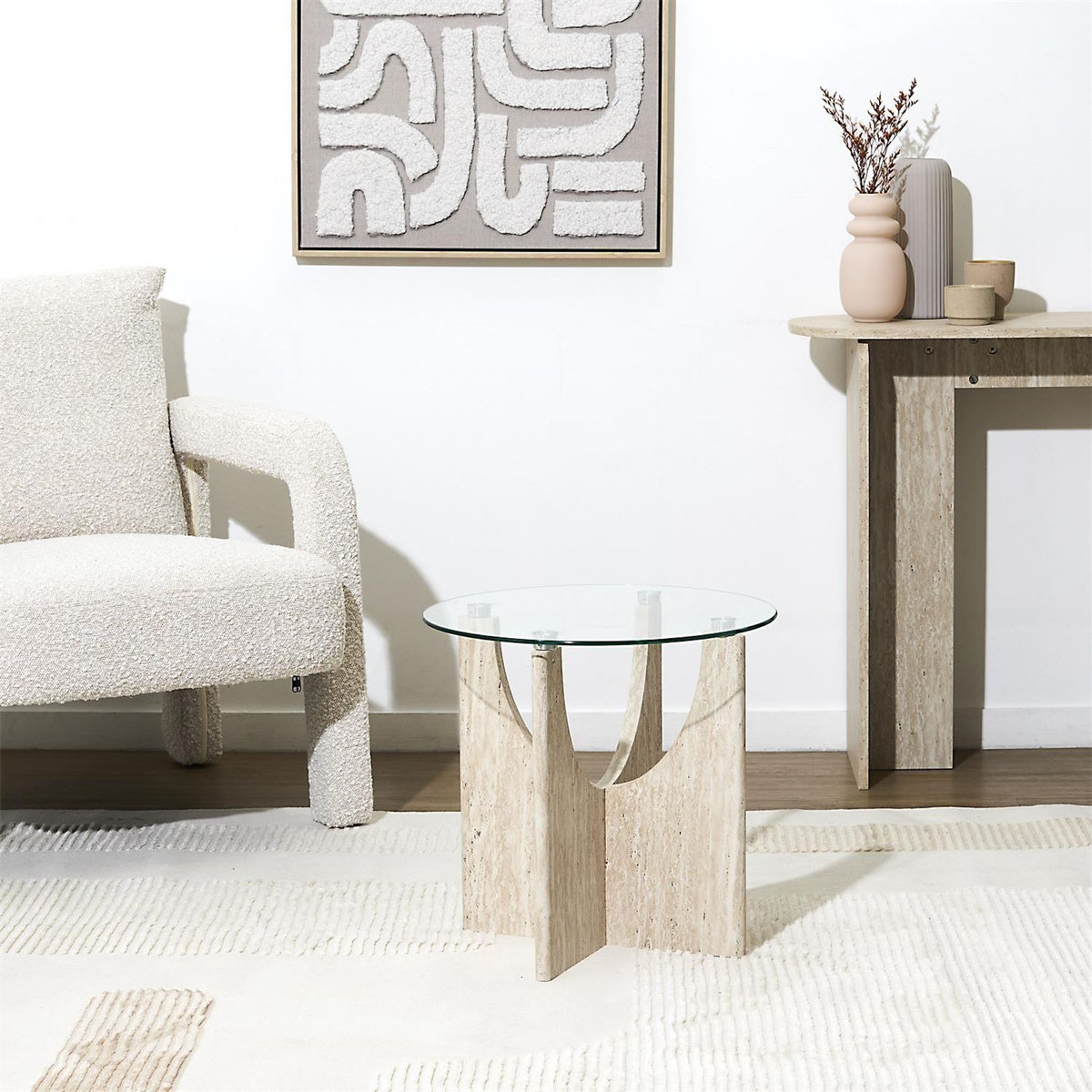 The Home Deco Factory Table d'appoint ronde effet travertin et verre PIETRA - Beige