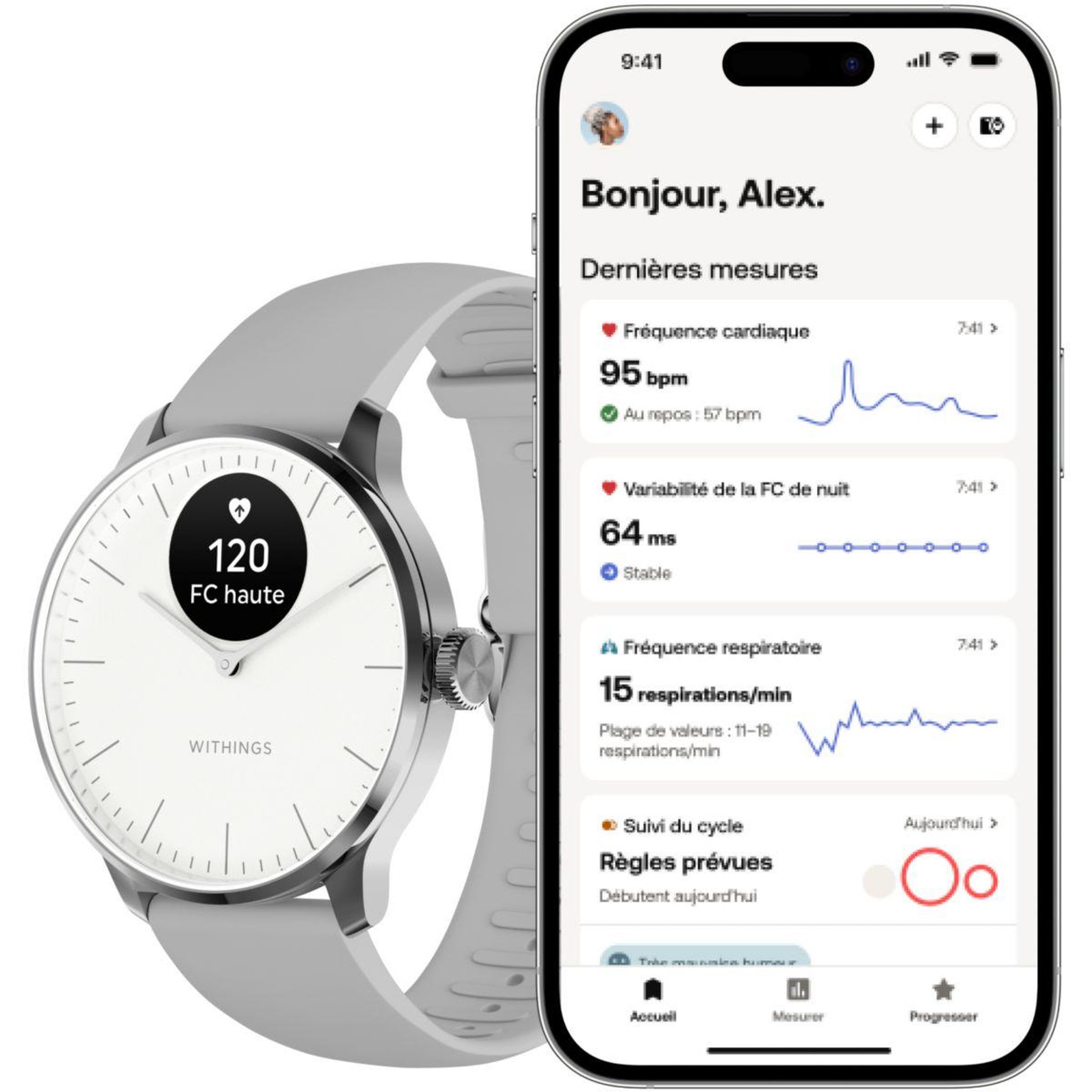 Voir la diapositive 2 : WITHINGS Montre santé scanwatch light blanche