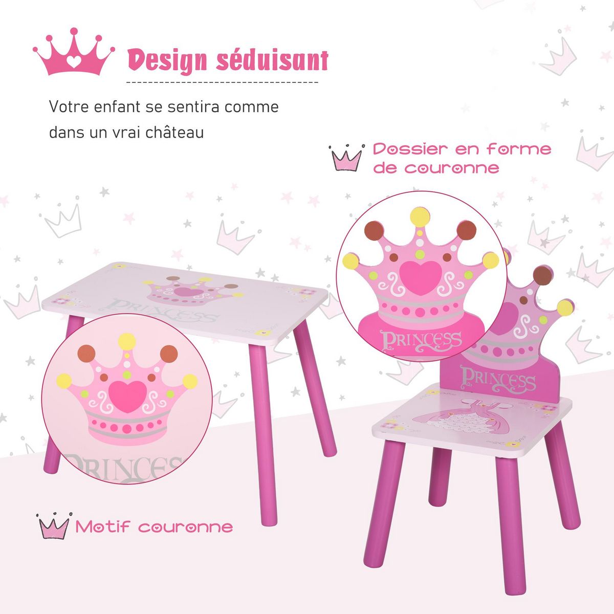 HOMCOM Ensemble table et chaises enfant design princesse motif couronne bois pin MDF rose