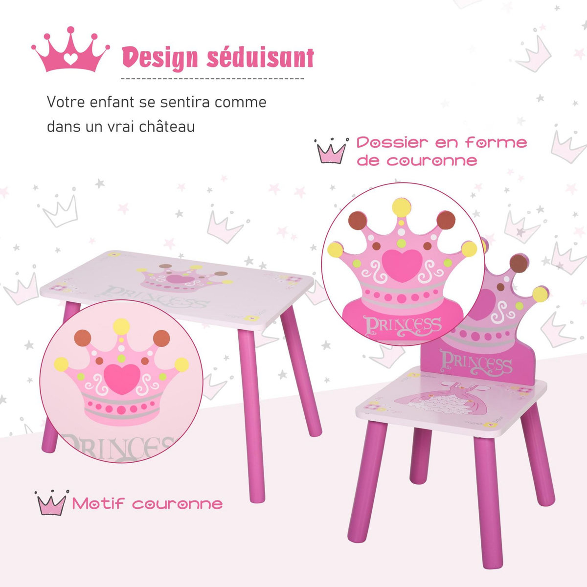 HOMCOM Ensemble table et chaises enfant design princesse motif couronne bois pin MDF rose