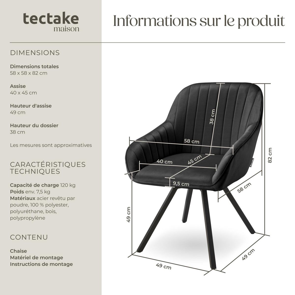 tectake Chaise pivotante avec accoudoirs rembourrée aspect velours noir