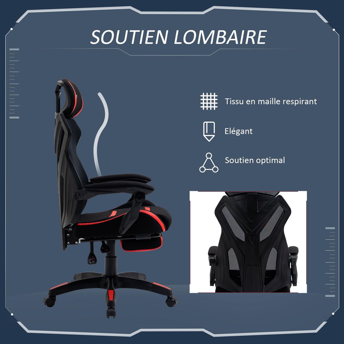 VINSETTO Vinsetto Fauteuil gaming chaise gamer réglable pivotant dossier inclinable repose-pied polyester rouge noir