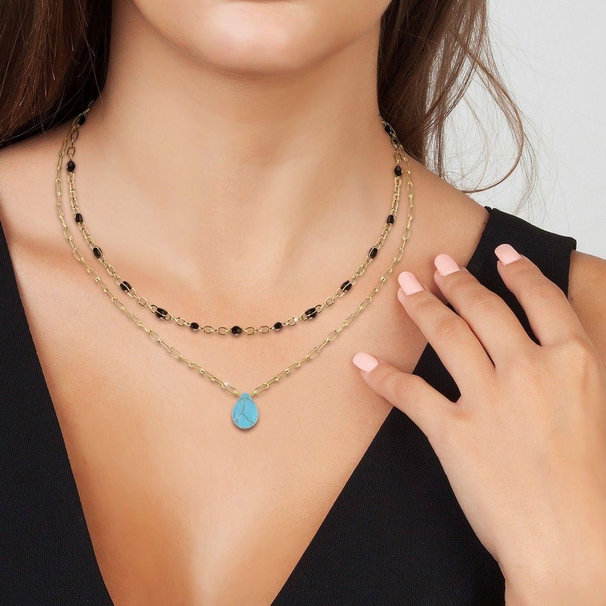 SC BOHEME Lot de 2 colliers SC Bohème en Acier Finement doré orné d'une pierre naturelle Turquoise