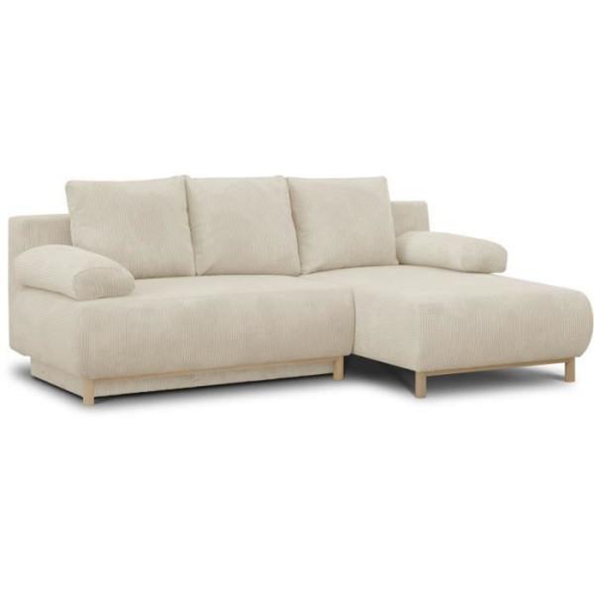 Voir la diapositive 3 : MARKET24 Canapé d'angle droit convertible MIKA 3 places - Velours côtelé beige - Coffre de rangement - L218 x P98/145 x H84 cm