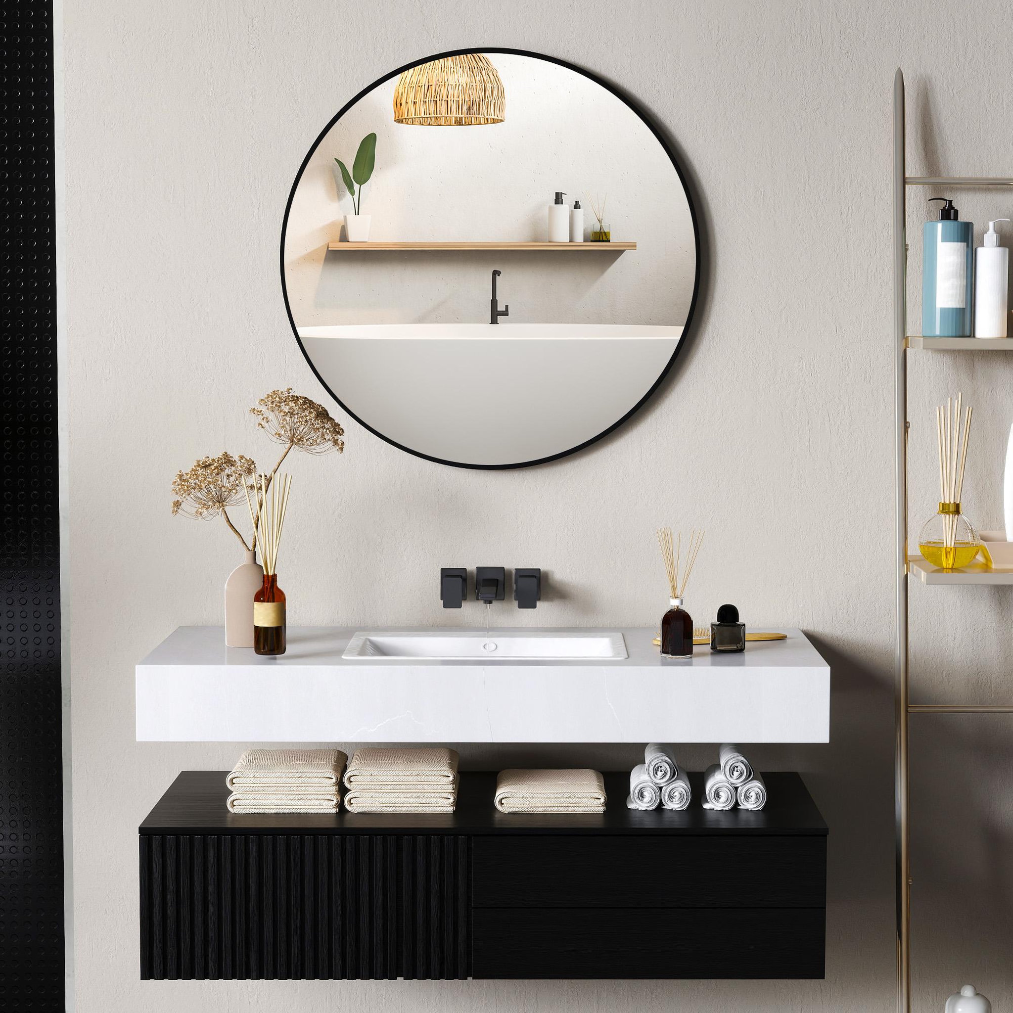 Voir la diapositive 5 : HOMCOM Miroir mural rond dia. 70 cm cadre métal noir