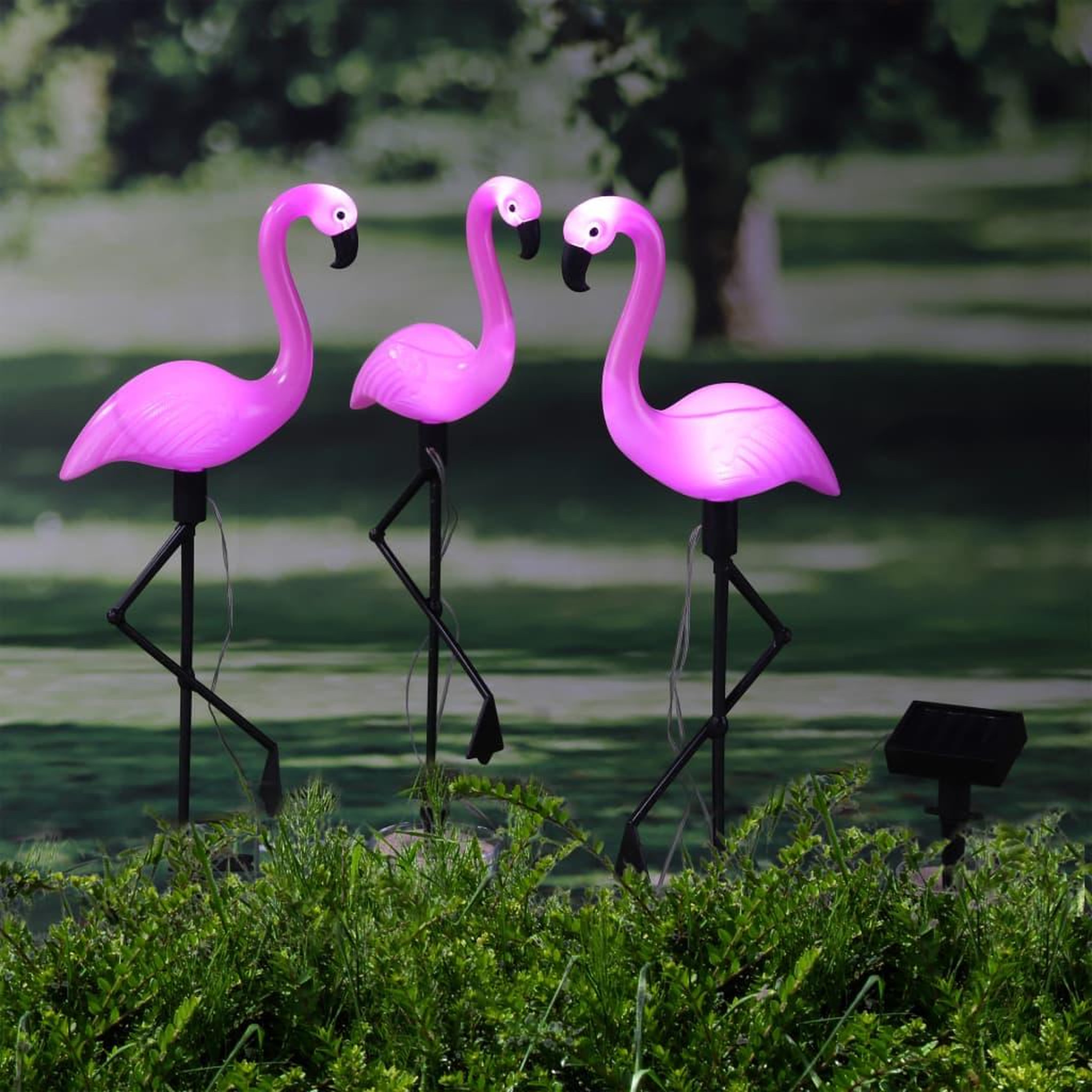 HI HI Pieu de jardin solaire a LED Flamant rose 3 pcs