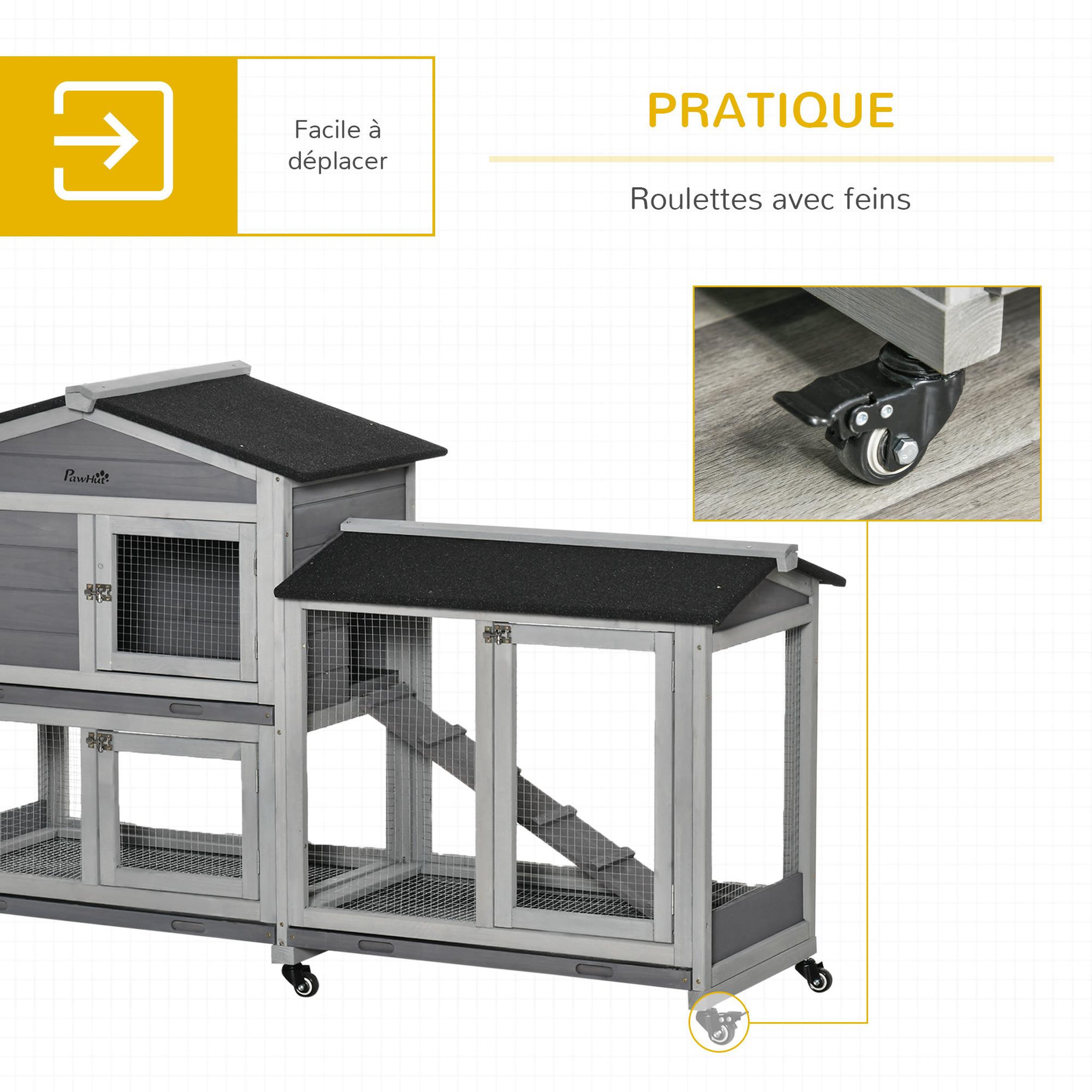 Voir la diapositive 5 : PAWHUT Clapier bois sur roulettes 2 niv. 3 plateaux déjections coulissants sapin gris pré-huilé