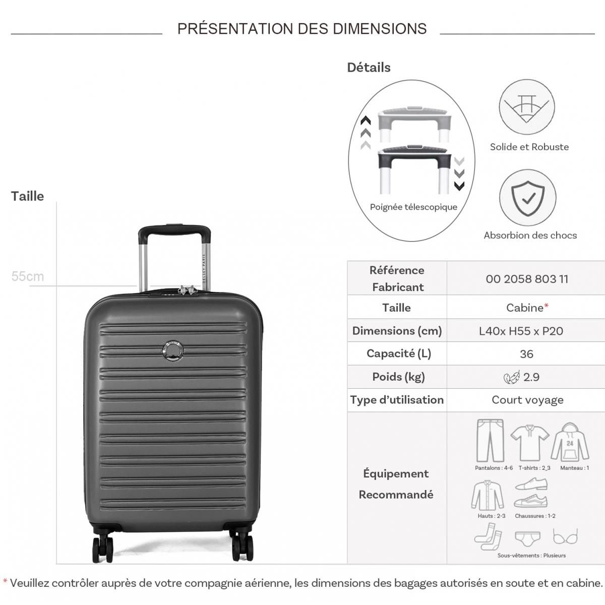 Delsey Valise cabine slim rigide Segur 2.0 TSA polycarbonate 55cm