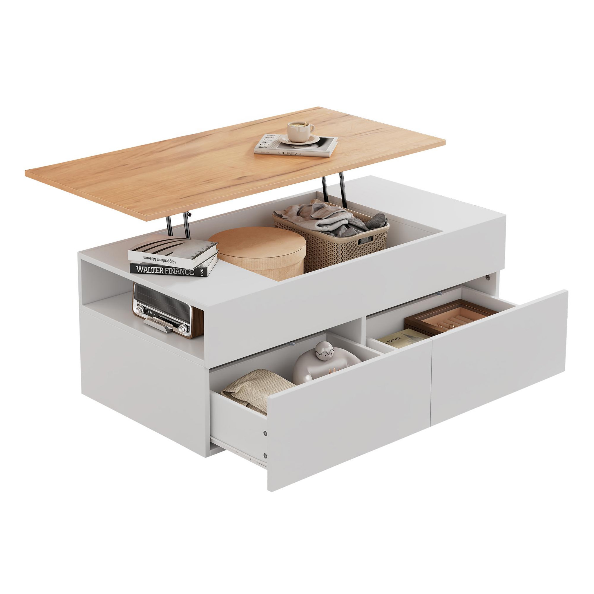 MERAX Table basse relevable rectangulaire blanc+naturel - 50x100 cm panneau de particules