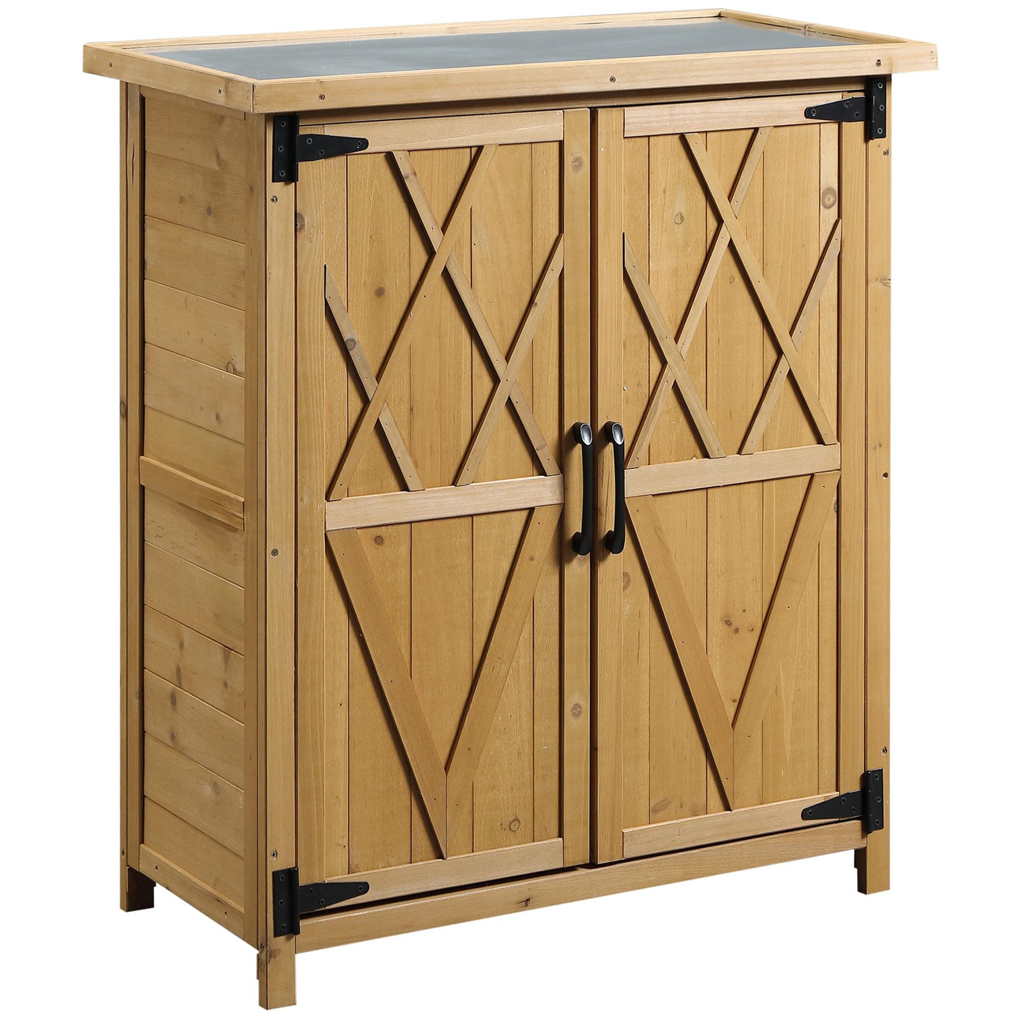 Voir la diapositive 4 : OUTSUNNY Abri de jardin armoire de jardin remise pour outils sur pied dim. 75L x 40l x 90H cm 3 étagères 2 portes toit tôle bois sapin pré-huilé