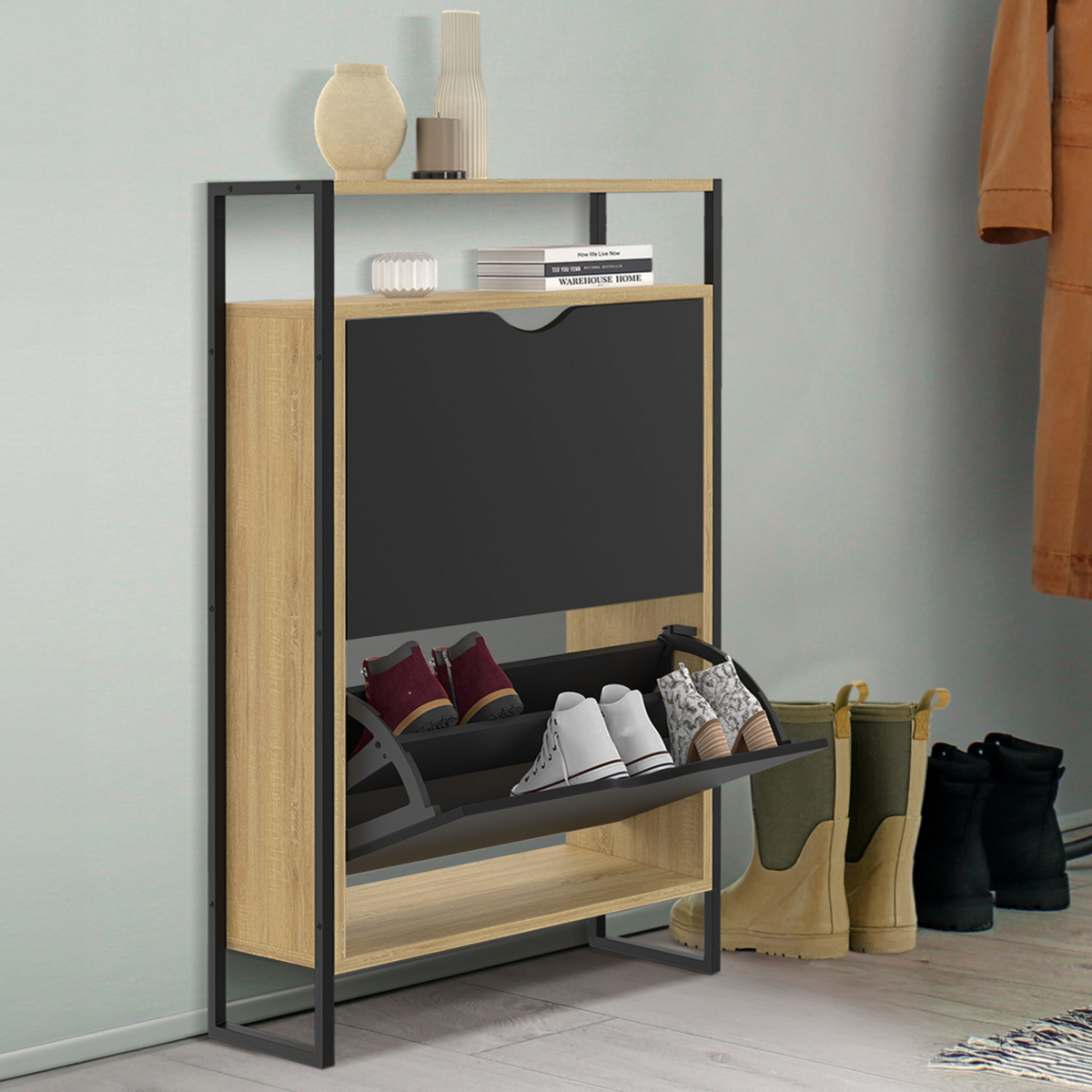 ID MARKET Meuble à chaussures 12 paires BOSTON 2 portes avec étagère supérieure design industriel