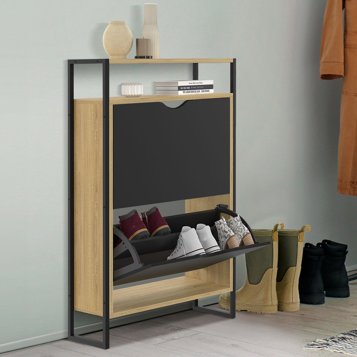 ID MARKET Meuble à chaussures 12 paires BOSTON 2 portes avec étagère supérieure design industriel