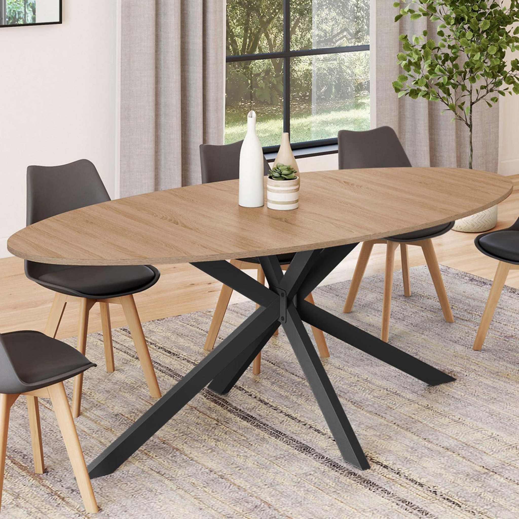 Voir la diapositive 2 : ID MARKET Table à manger ovale alix 10 personnes pied araignée bois et noir 200 cm
