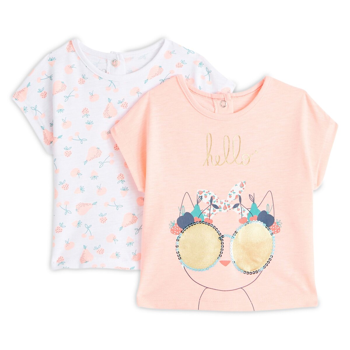 INEXTENSO Lot de 2 t-shirts manches courtes chat bébé fille