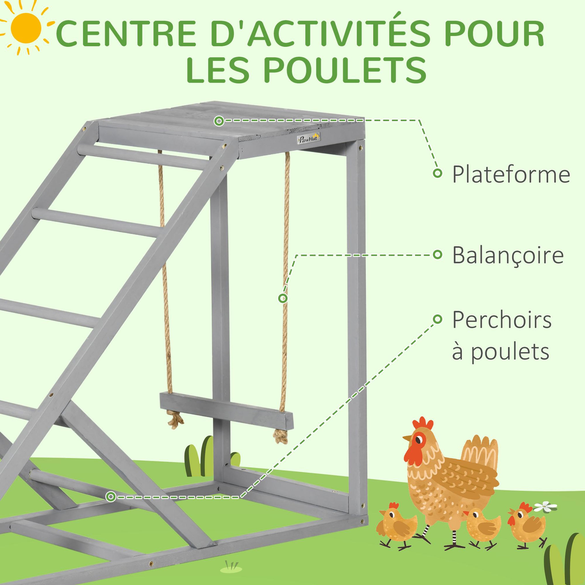Voir la diapositive 6 : PAWHUT Perchoir grande taille pour poule balançoire plateforme 3 en 1 - dim. 96 x 40 x 71 cm - bois gris