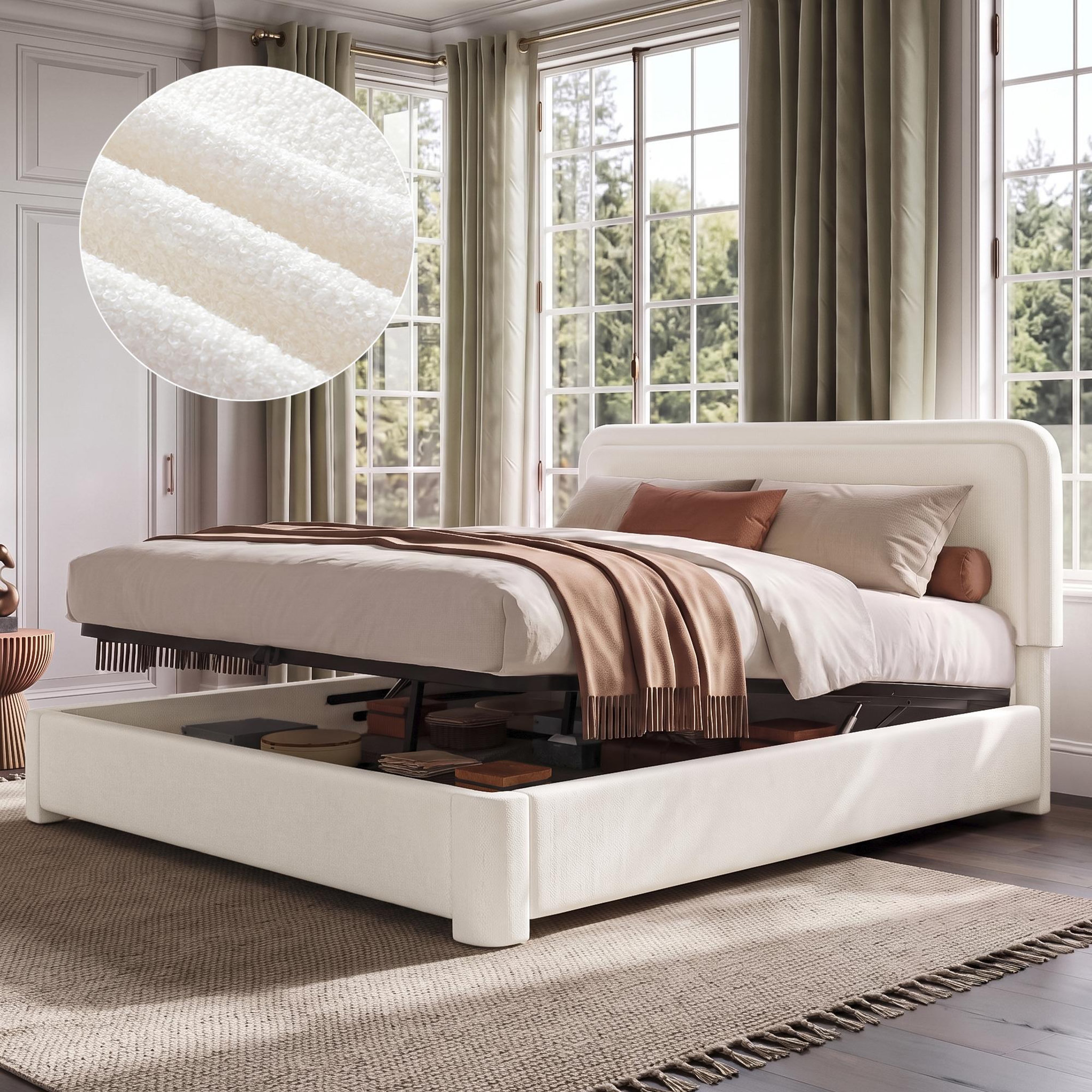 Voir la diapositive 2 : MERAX Lit double 160x200 cm avec coffre rangement tête de lit réglable bouclé blanc