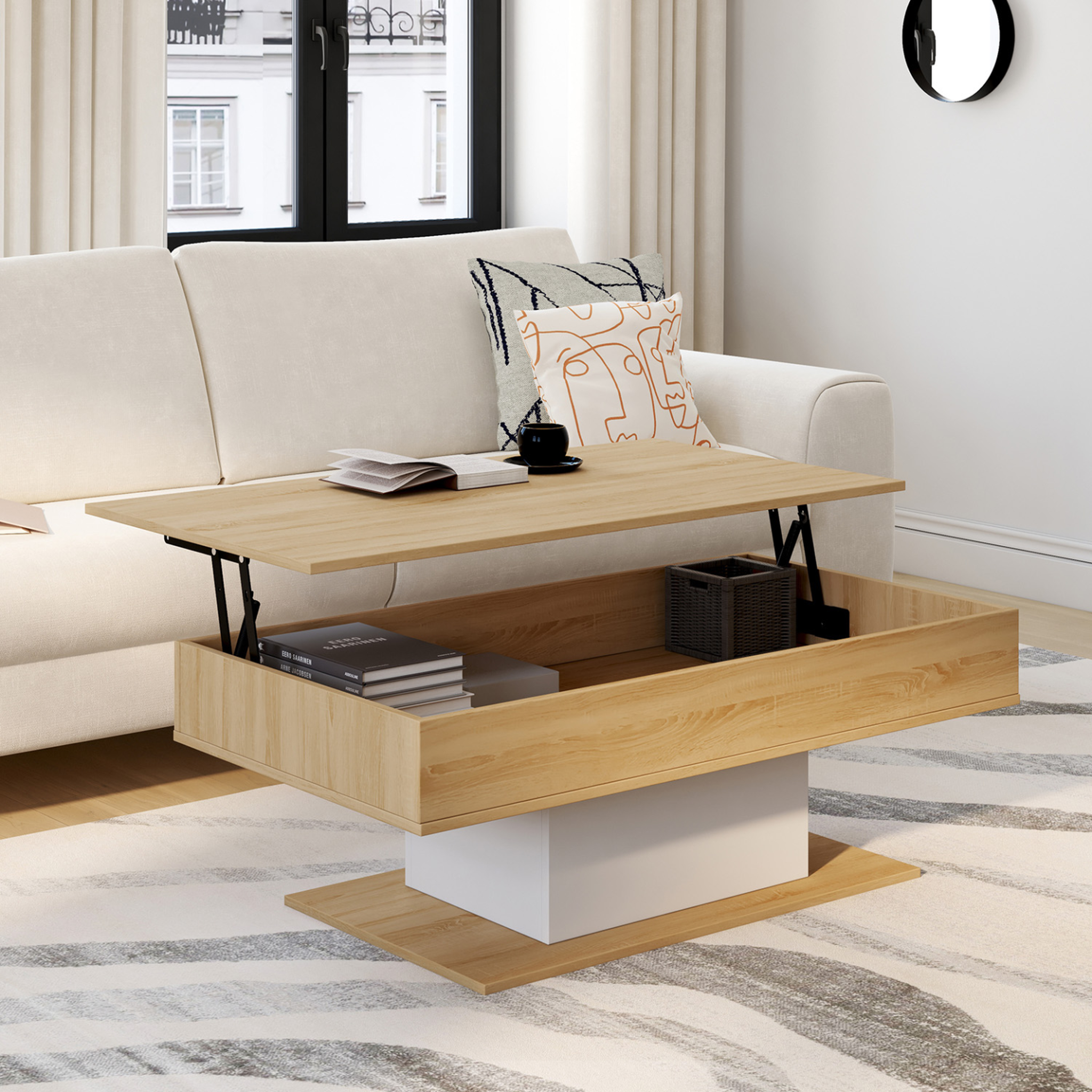 Voir la diapositive 2 : ID MARKET Table basse plateau relevable rectangulaire eden bois et blanc