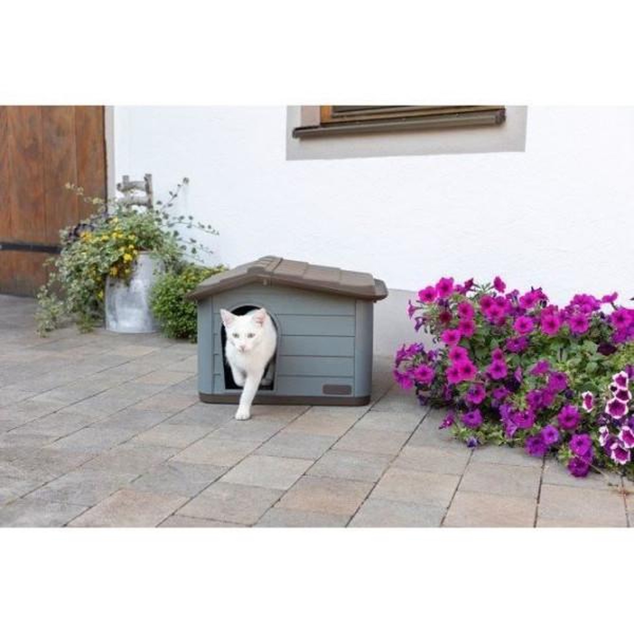 Voir la diapositive 4 : KERBL KERBL Niche extérieure en plastique pour chats ou chien Taille M - 75 x 59 x 55 cm- Gris et marron -