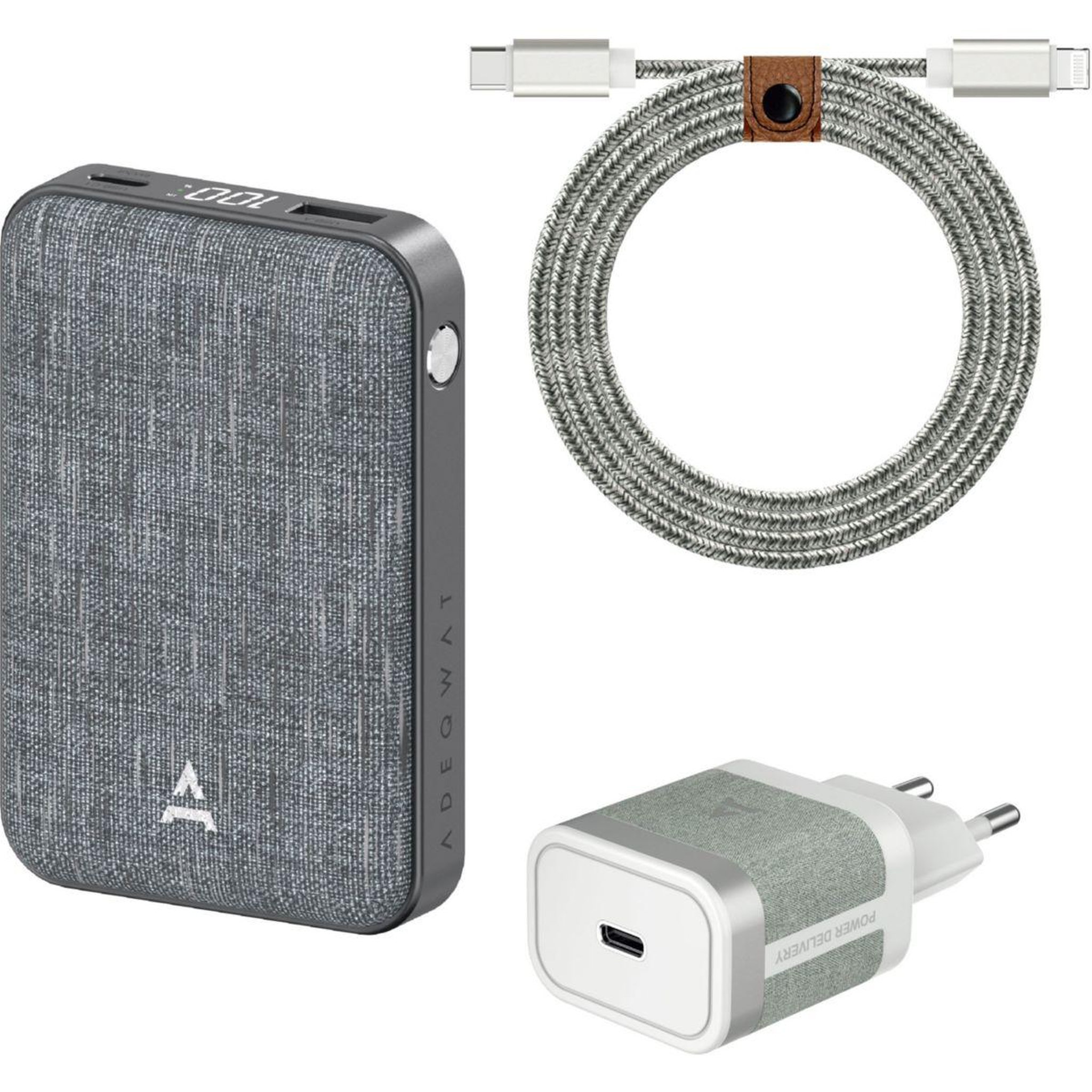 Voir la diapositive 1 : ADEQWAT Pack Powerbank+Chargeur+Cable USB-C-Lightning