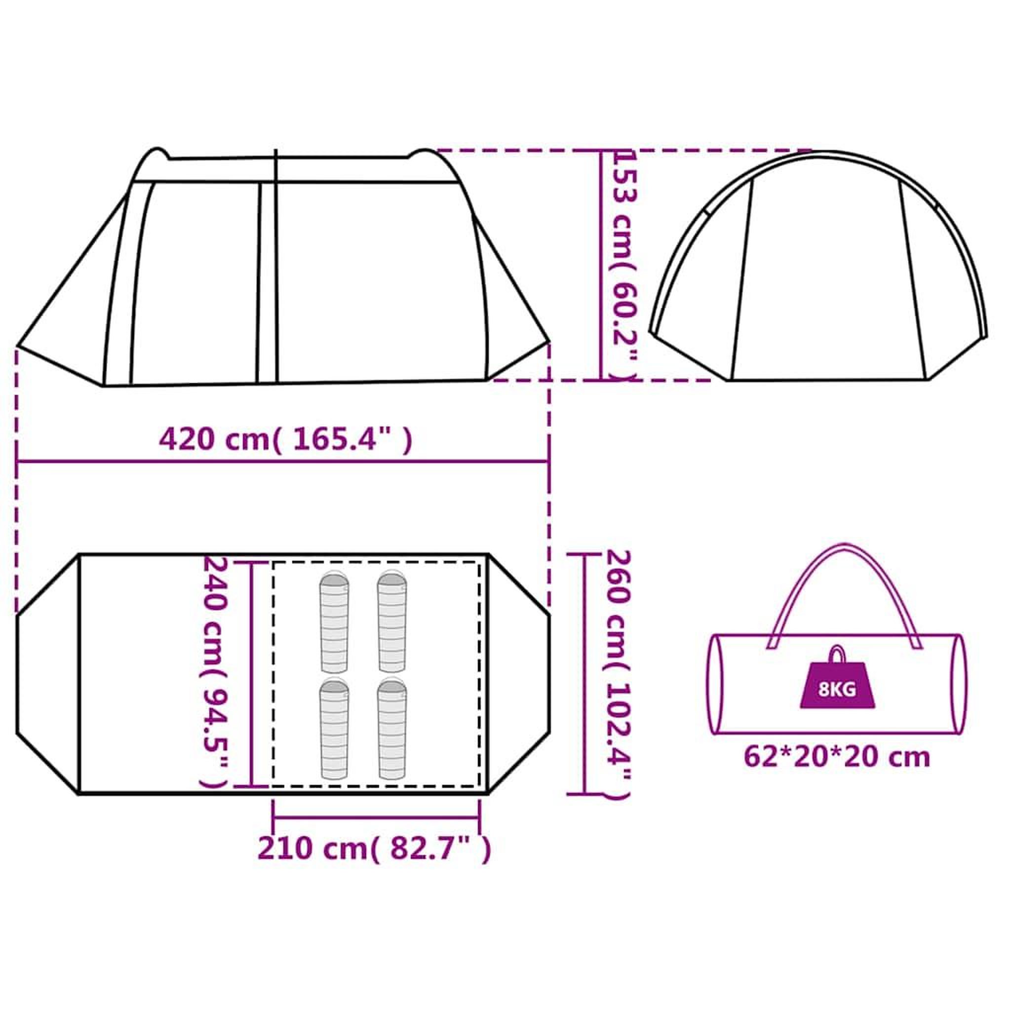 Voir la diapositive 6 : VIDAXL Tente de camping tunnel 4 personnes vert impermeable
