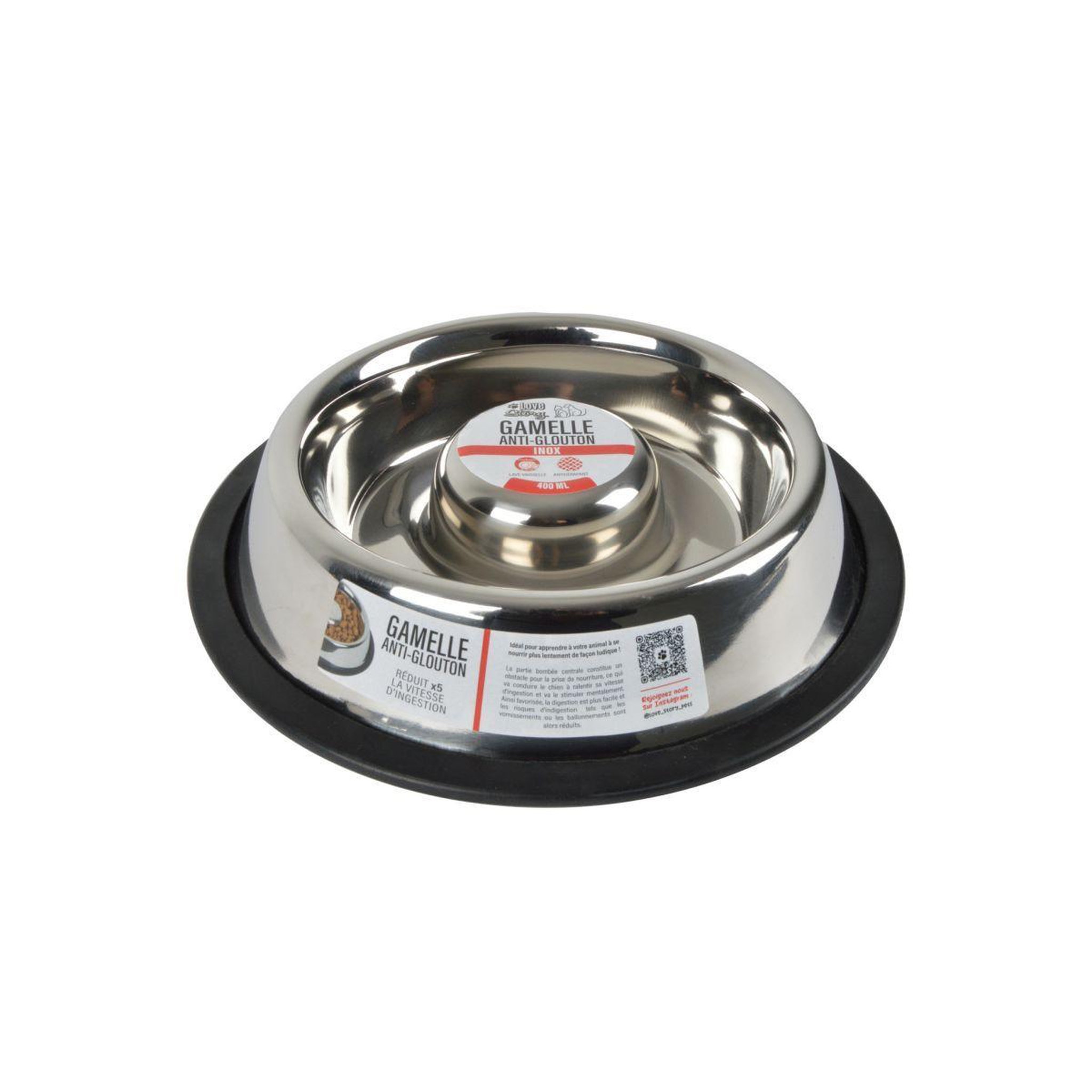 Voir la diapositive 2 : LOVE STORY Gamelle anti-glouton chien & chat  inox  25cm argent