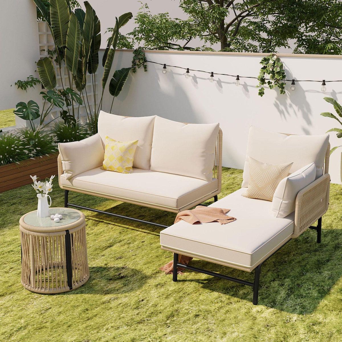 MERAX Salon de jardin 4 places en fer avec table, coussins, forme L, beige