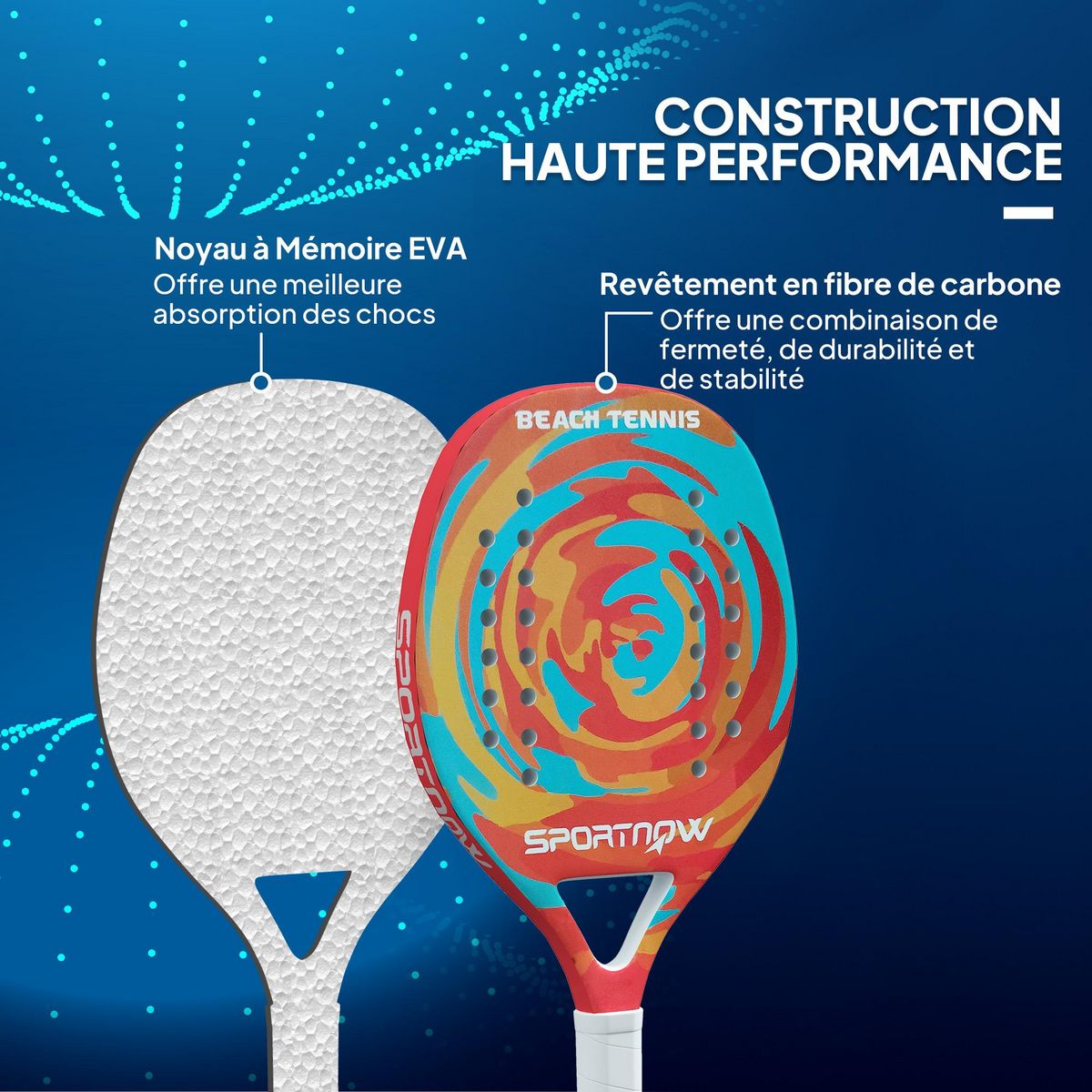 HOMCOM Raquette de beach tennis - sac transport inclus - cadre fibre de carbone mousse EVA haute densité