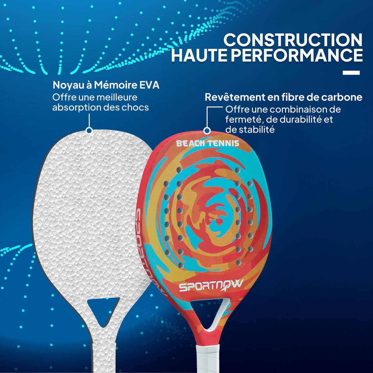 HOMCOM Raquette de beach tennis - sac transport inclus - cadre fibre de carbone mousse EVA haute densité