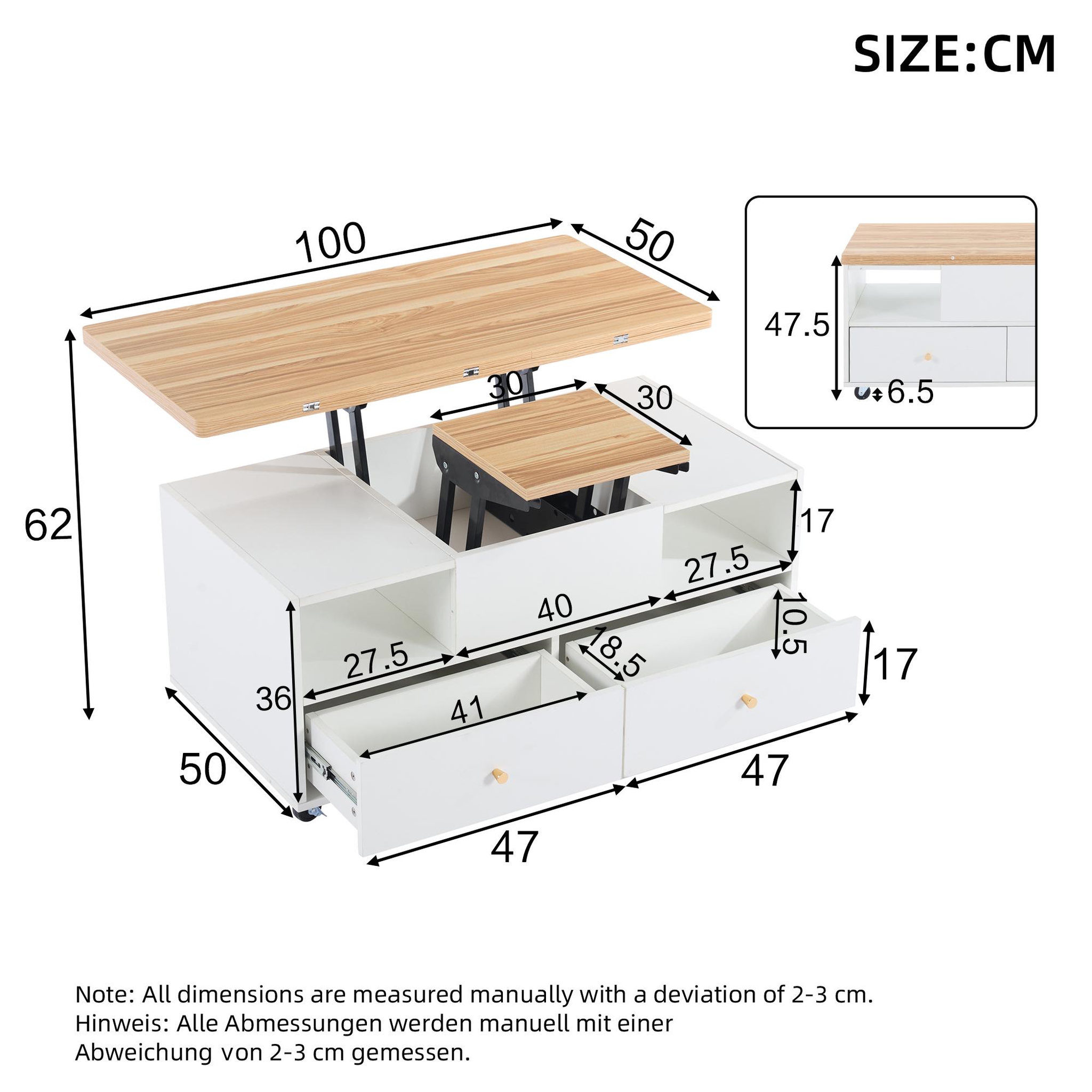Voir la diapositive 3 : MERAX Table basse plateau relevable rectangulaire blanc+naturel - 50x100 cm mdf