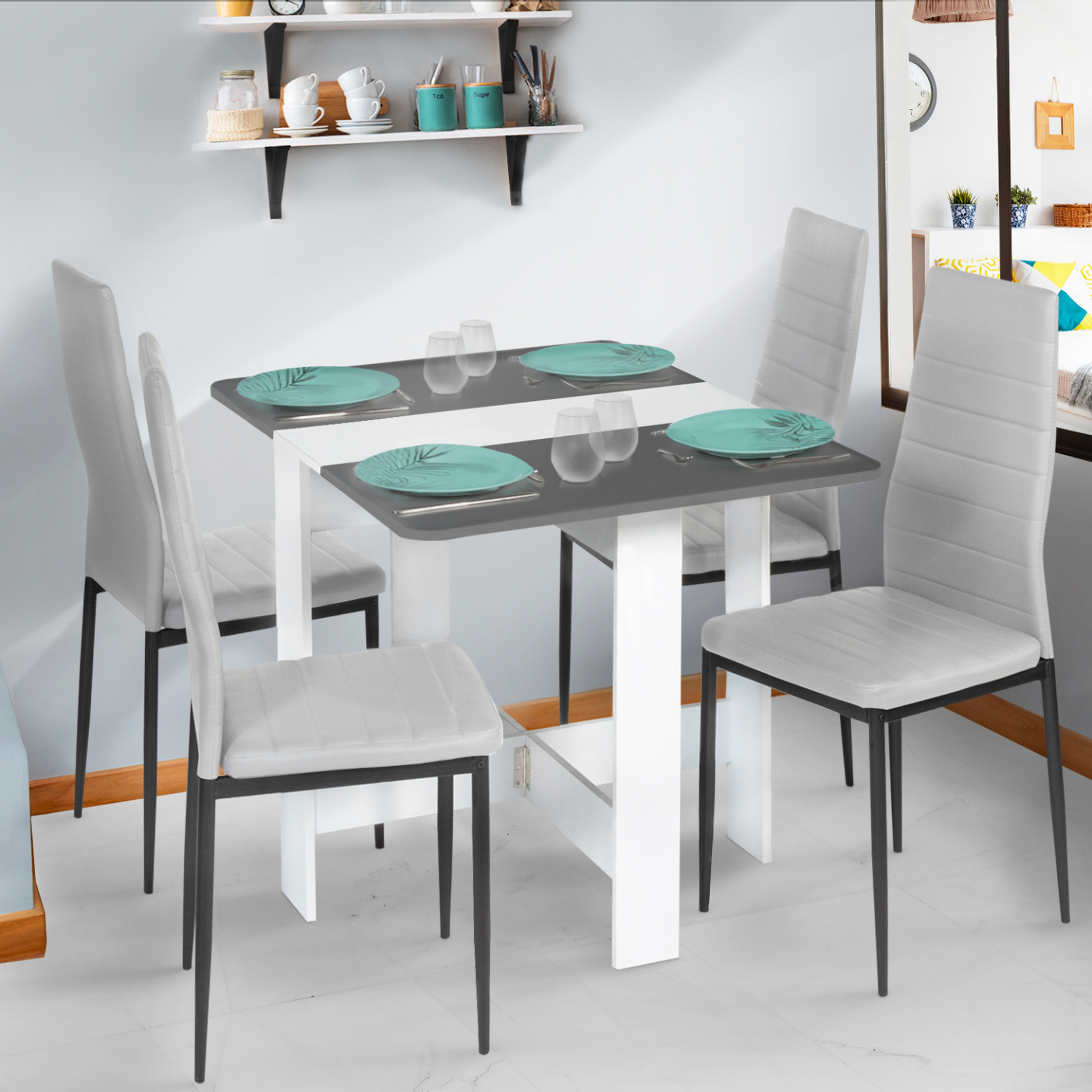 Voir la diapositive 5 : ID MARKET Table console pliable edi 2-4 personnes bois blanc plateau gris 103 x 76 cm