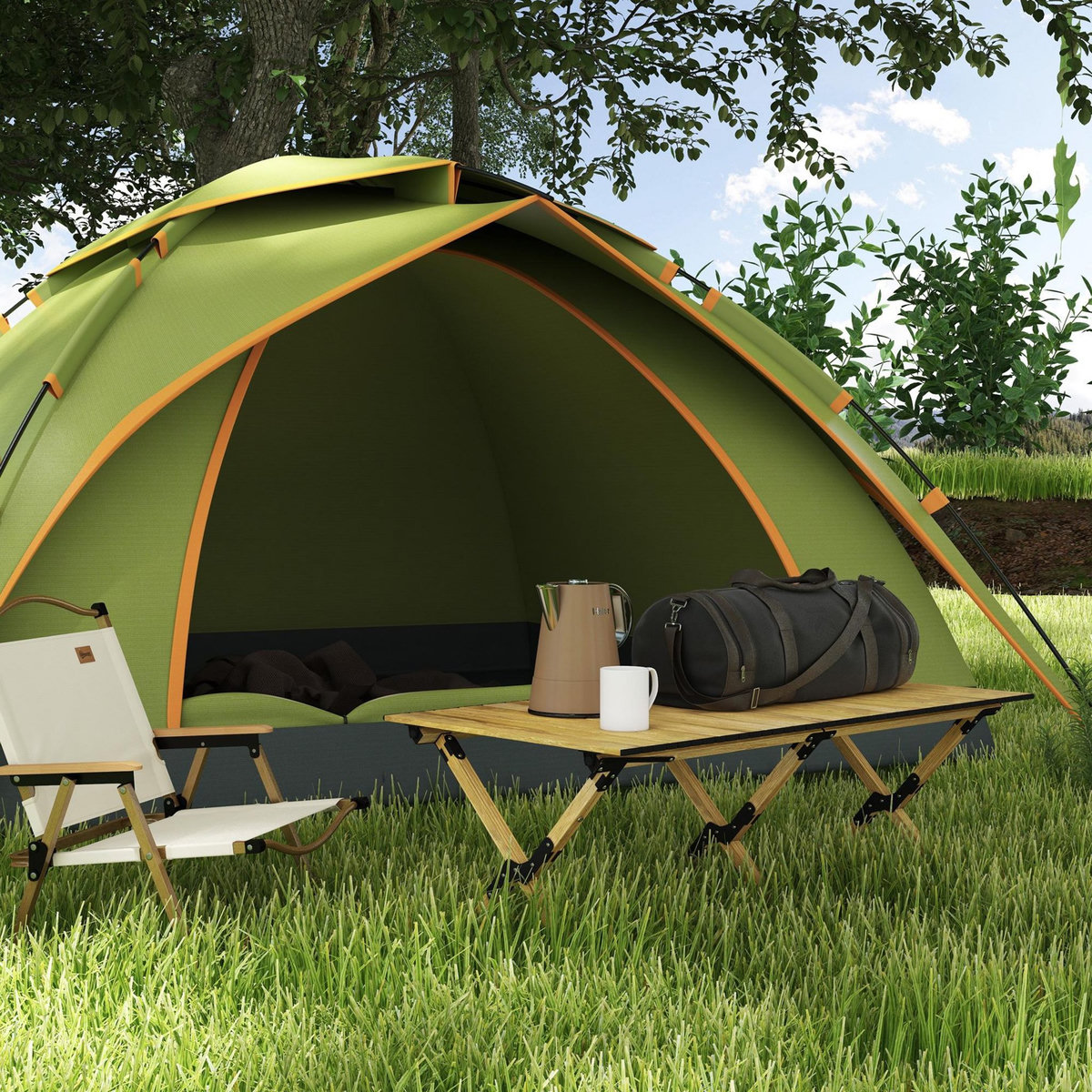 OUTSUNNY Table de camping pique-nique pliable - plateau enroulable - acier alu aspect bois naturel