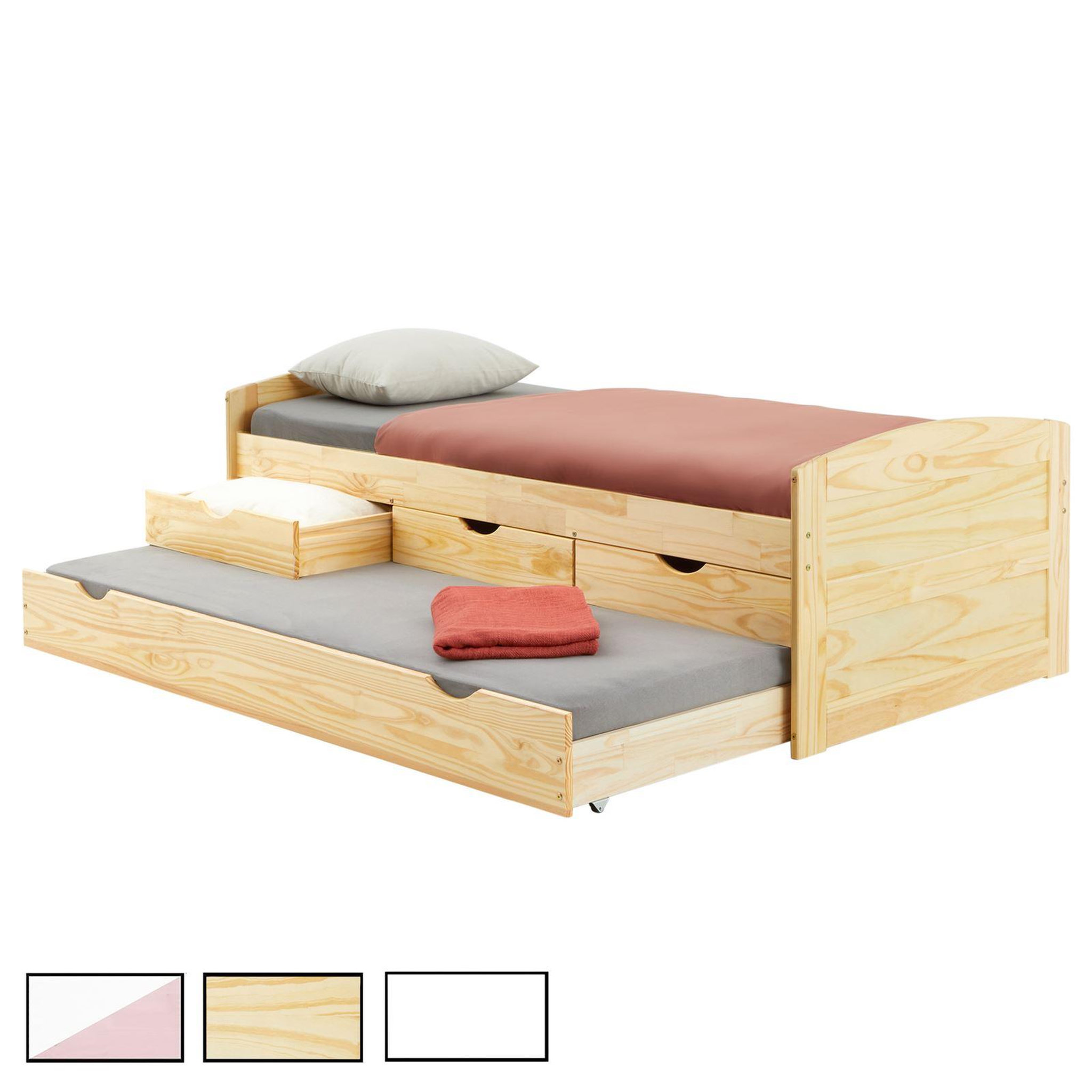 IDIMEX Lit gigogne avec rangements jessy, 90 x 190 cm en pin massif. Coloris disponibles : Blanc