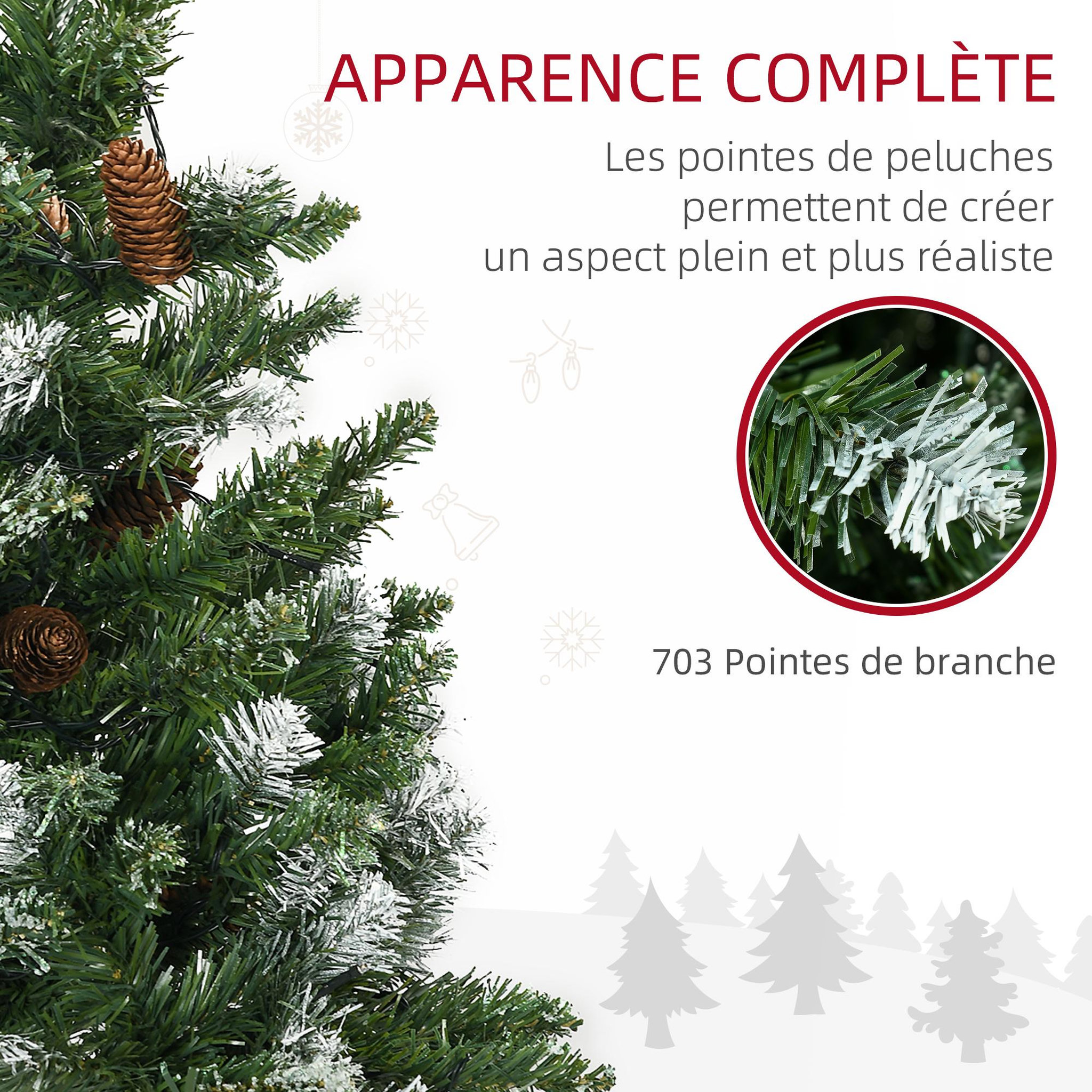 Voir la diapositive 5 : HOMCOM Sapin de Noël artificiel lumineux LED x 250 blanc chaud 30 pommes de pin H. 180 cm 703 branches vert effet neige
