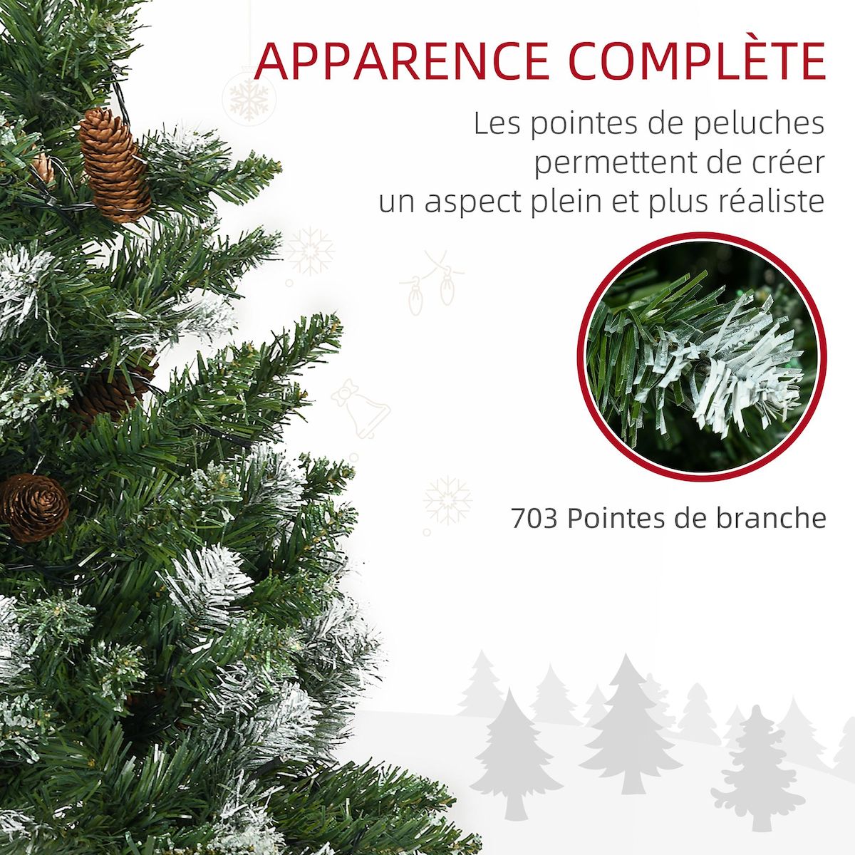 HOMCOM Sapin de Noël artificiel lumineux LED x 250 blanc chaud 30 pommes de pin H. 180 cm 703 branches vert effet neige
