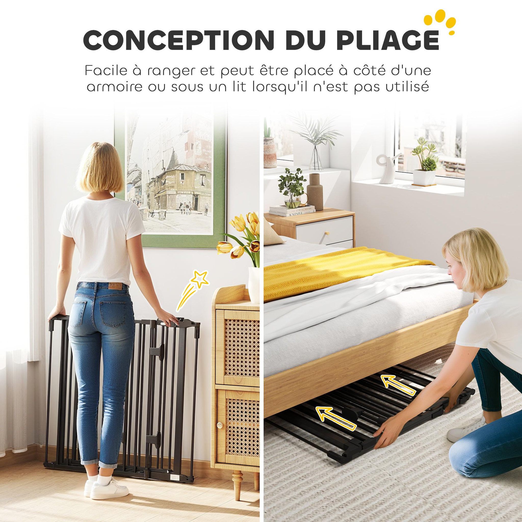 Voir la diapositive 5 : PAWHUT Barrière de sécurité chien pliable modulable 3 panneaux une porte dim. Max. L.202,5 x h.76 cm - acier noir