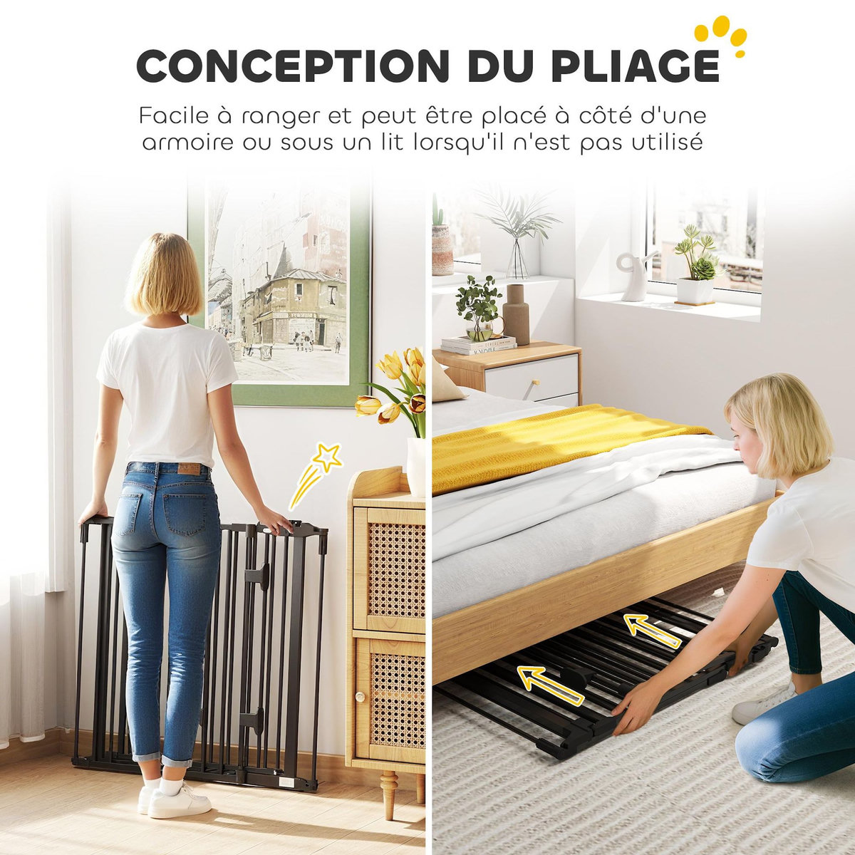 PAWHUT Barrière de sécurité chien pliable modulable 3 panneaux une porte dim. max. L.202,5 x H.76 cm - acier noir