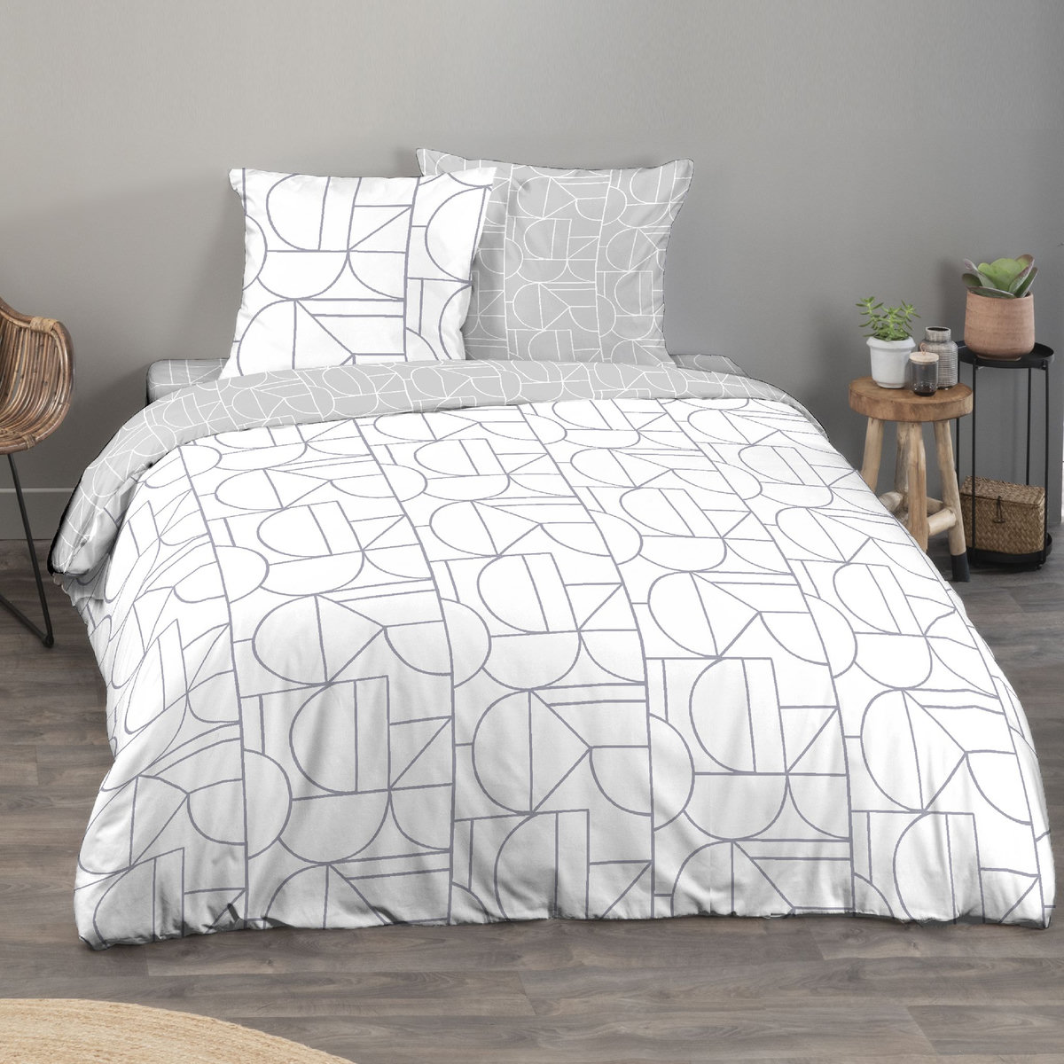 COTE DECO Drap housse fantaisie en coton 57 fils motif géométrique REAL