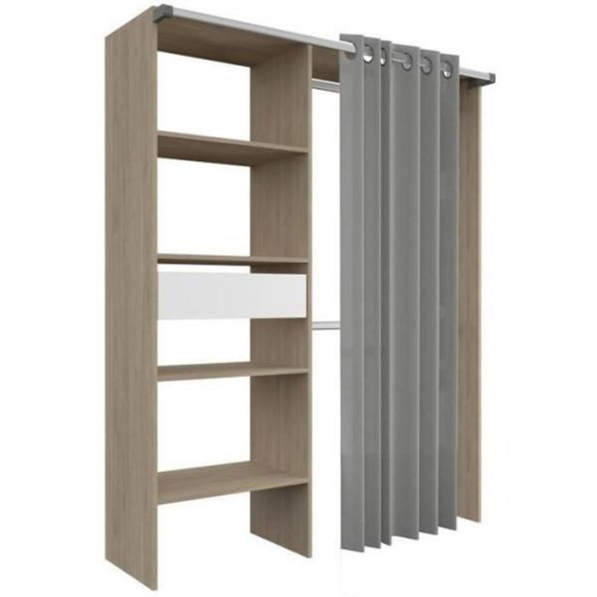 EKIPA Kit dressing ARTIC avec rideau - Décor Chene - 1 colonne + 2 penderies + 1 tiroir - L 143,5 X P 48 X H 181,9 cm - EKIPA